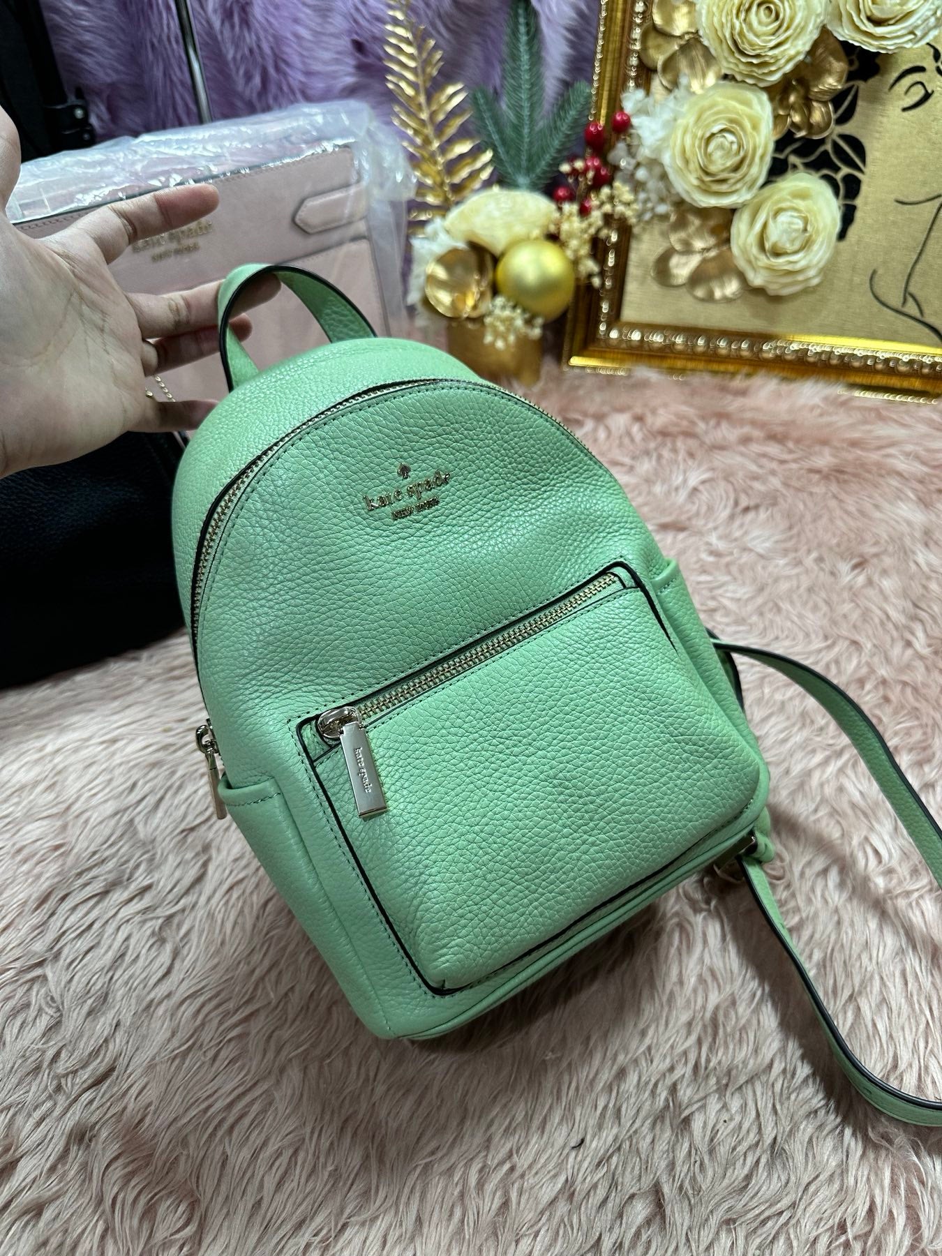 ORIG Preloved KS Leila Pebbled Leather Mini Dome Backpack Sage Bag