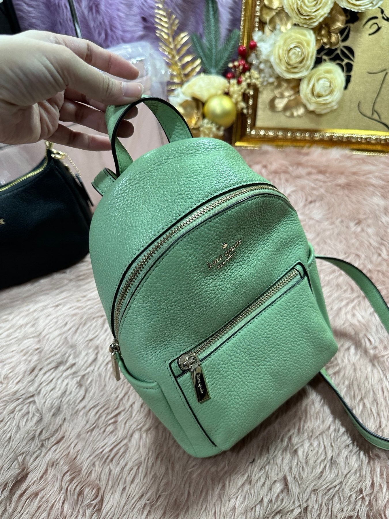 ORIG Preloved KS Leila Pebbled Leather Mini Dome Backpack Sage Bag