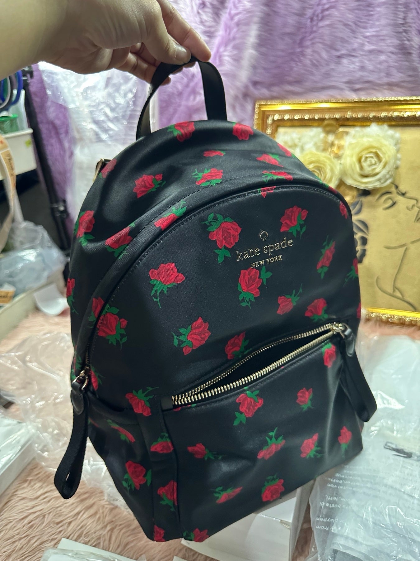 ORIG & IMPORTED KS Chelsea Medium Black Nylon Backpack Rose Toss