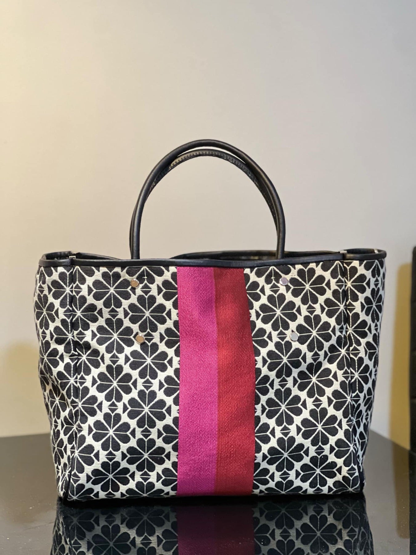 ORIG Preloved KS Retail Spade Flower Jacquard Everything Stripe Medium Tote Pink Black Bag