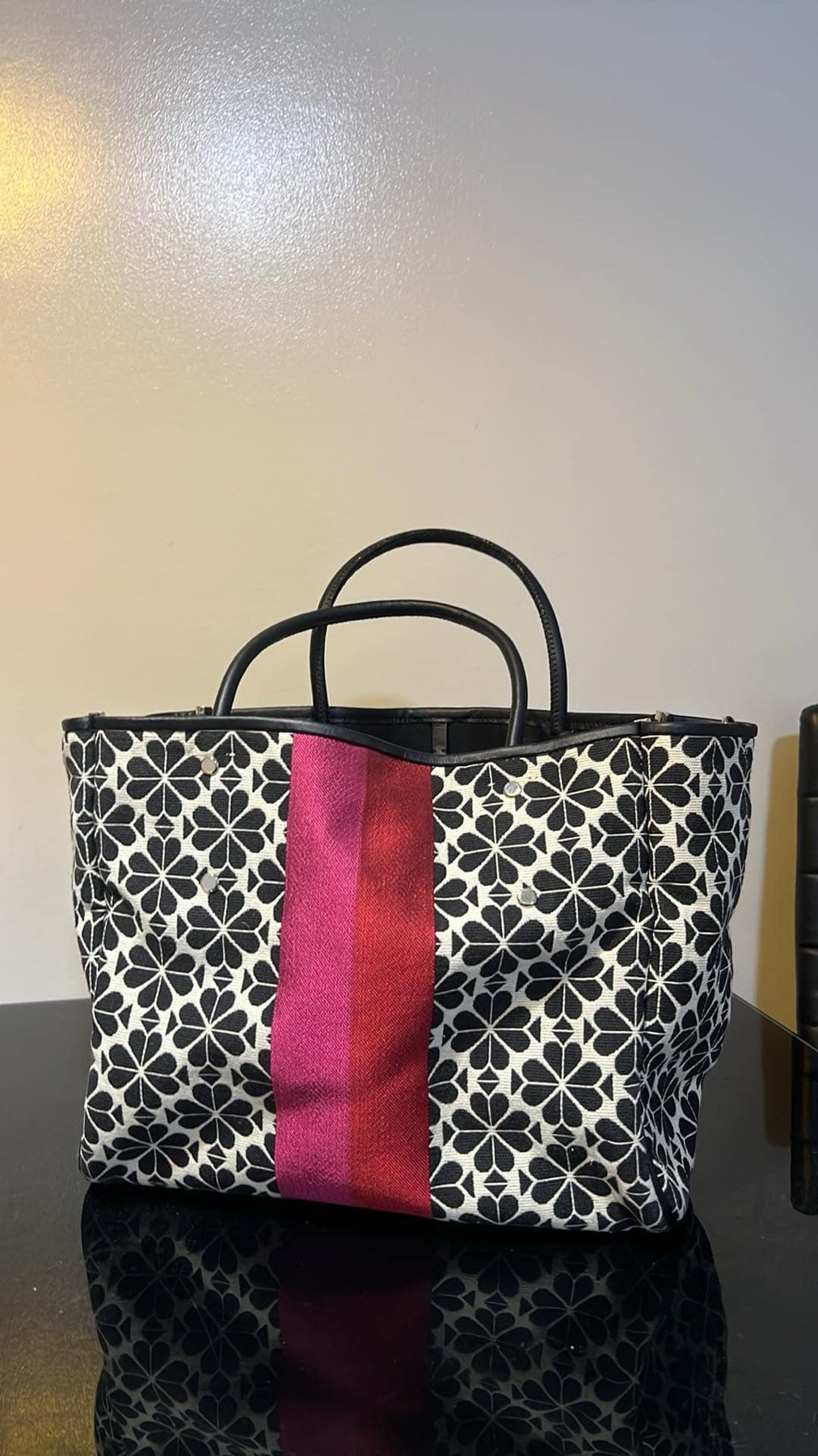 ORIG Preloved KS Retail Spade Flower Jacquard Everything Stripe Medium Tote Pink Black Bag