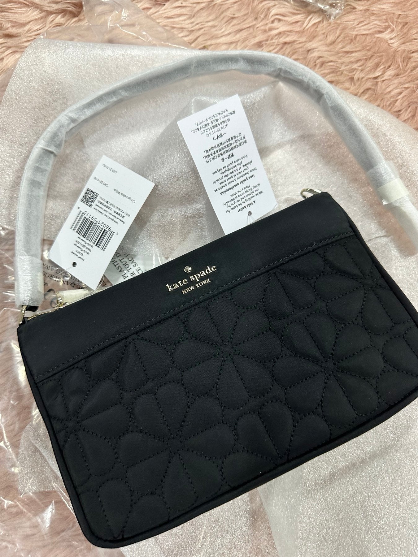 ORIG & IMPORTED KS Spade Flower Quilted Fabric Convertible Wristlet Shoulder Mini Bag Black