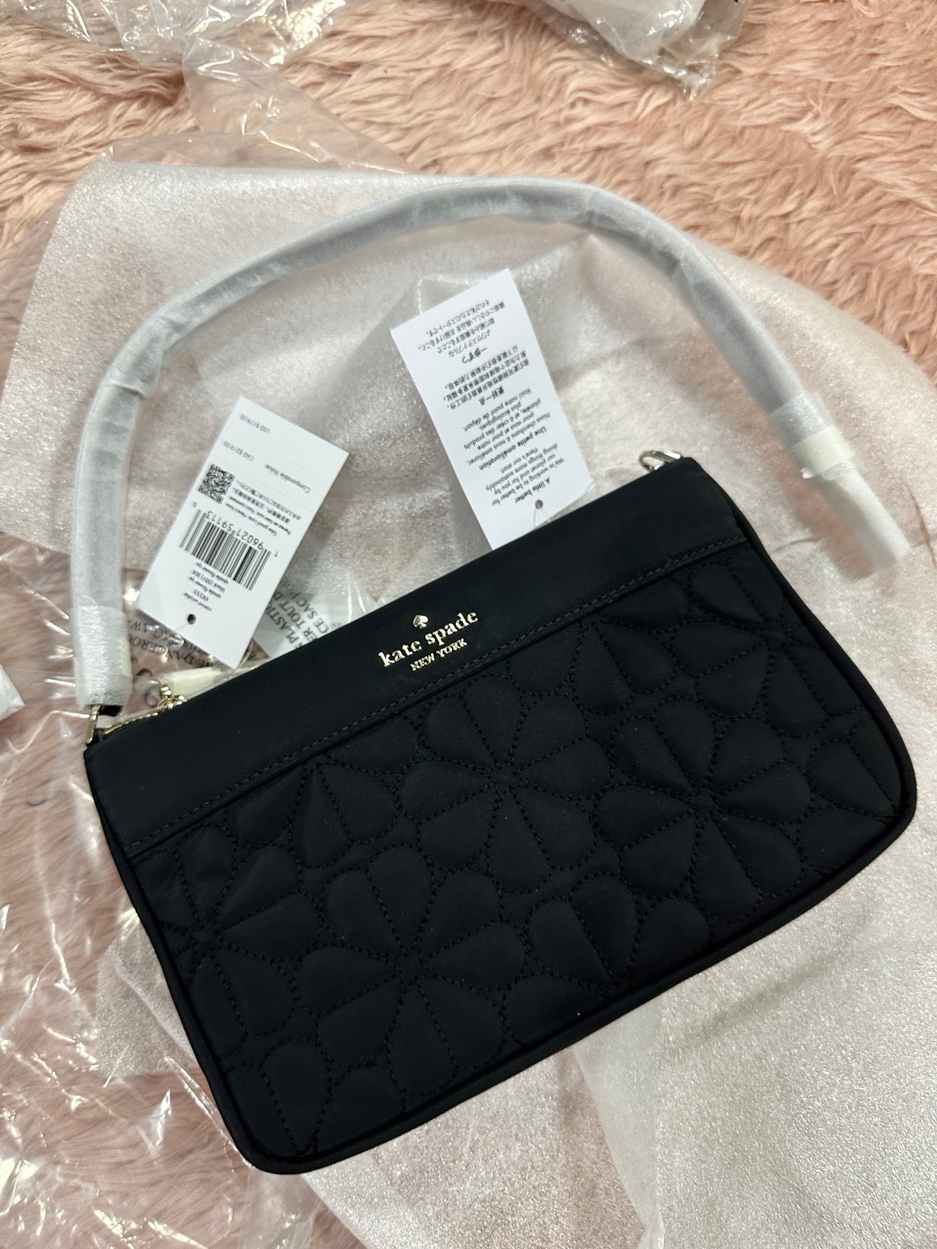 ORIG & IMPORTED KS Spade Flower Quilted Fabric Convertible Wristlet Shoulder Mini Bag Black