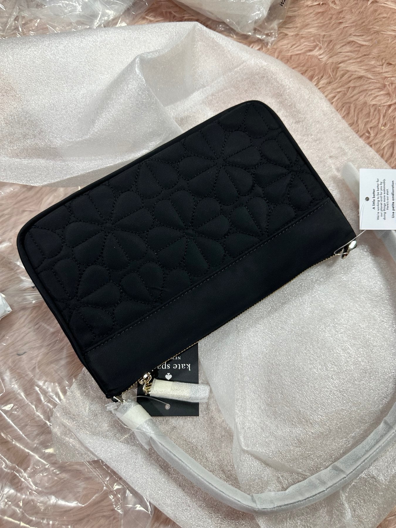 ORIG & IMPORTED KS Spade Flower Quilted Fabric Convertible Wristlet Shoulder Mini Bag Black