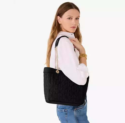 ORIG & IMPORTED KS Spade Flower Quilted Fabric Medium Tote Black Bag