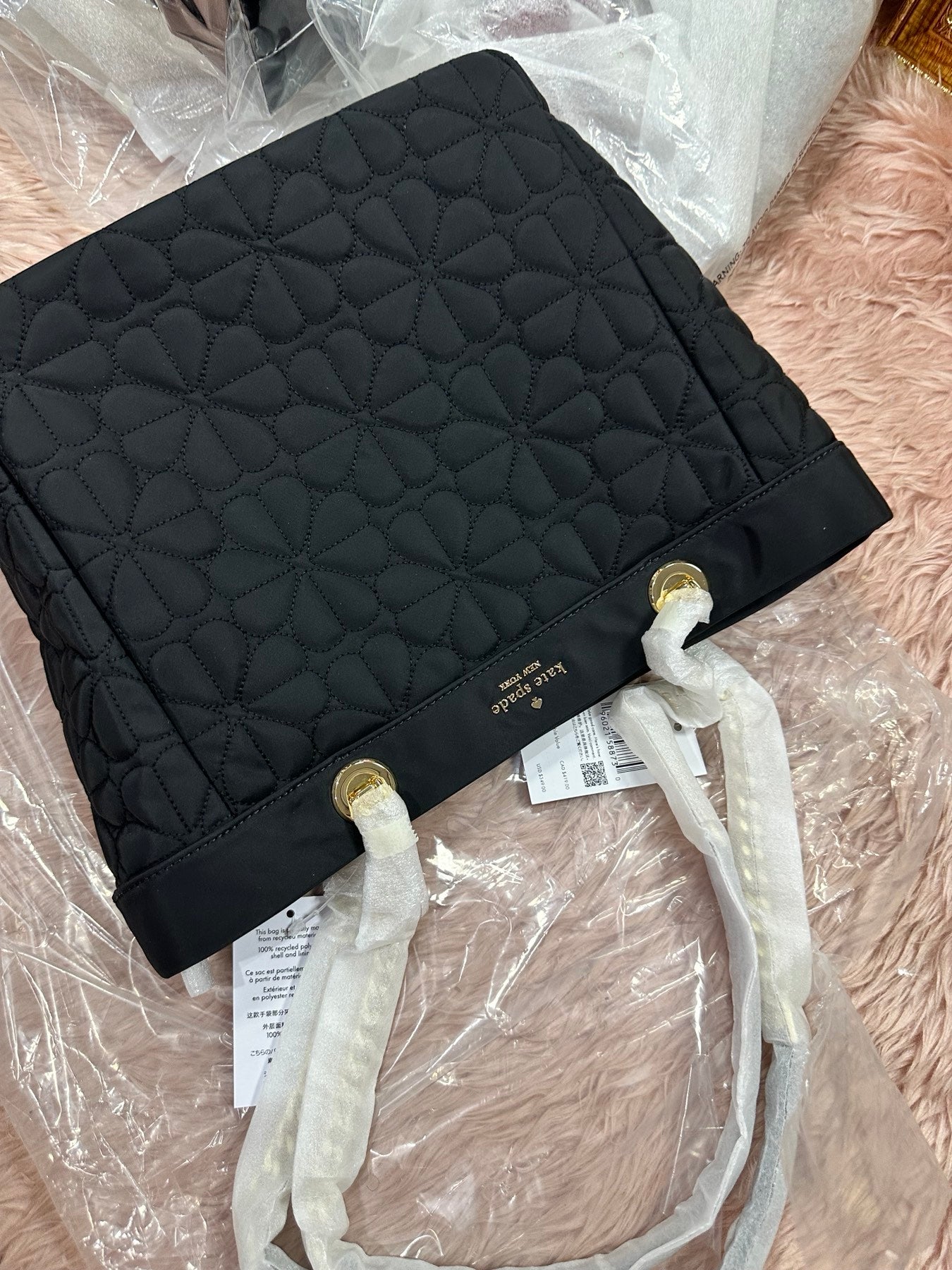 ORIG & IMPORTED KS Spade Flower Quilted Fabric Medium Tote Black Bag
