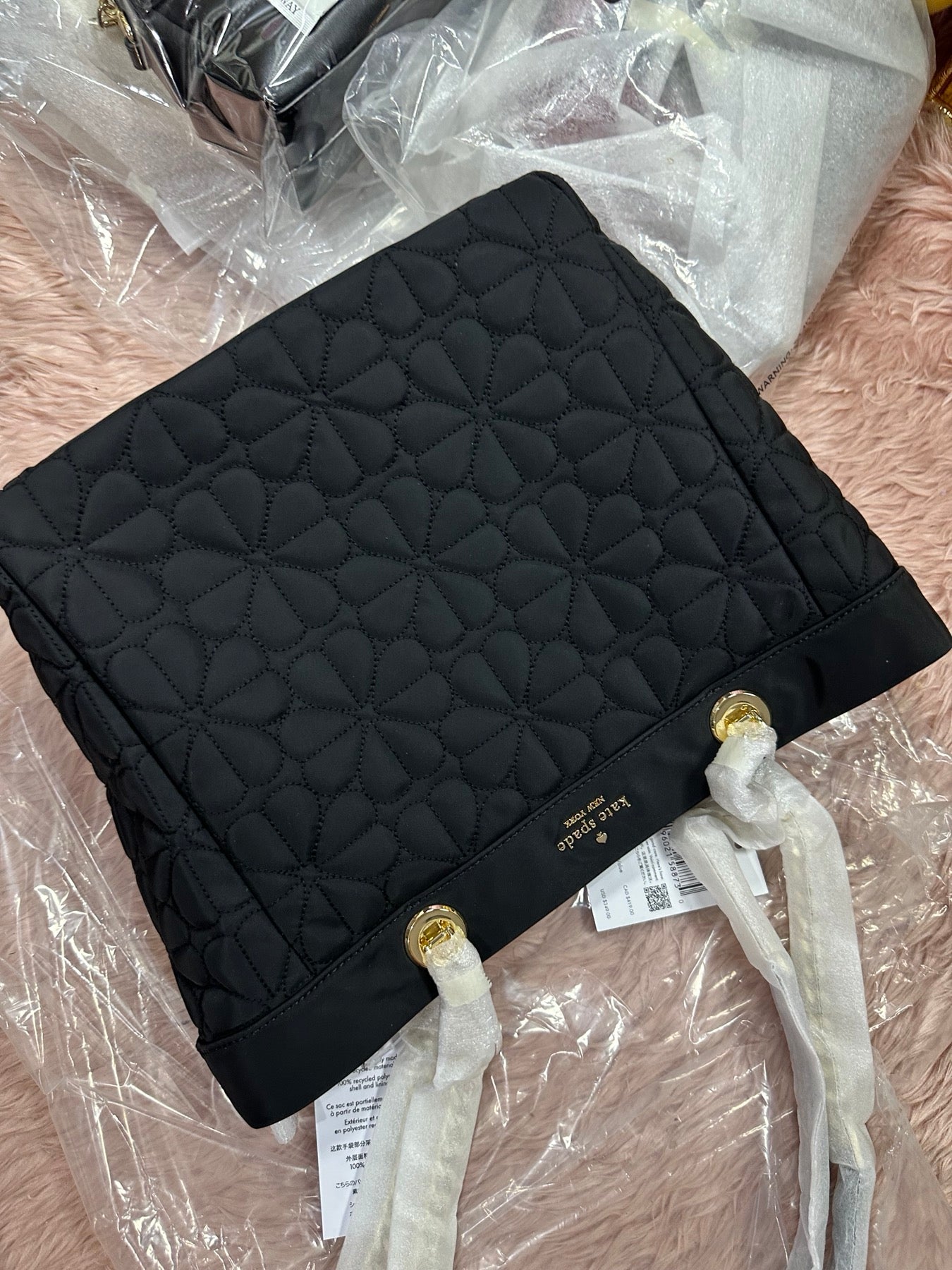 ORIG & IMPORTED KS Spade Flower Quilted Fabric Medium Tote Black Bag