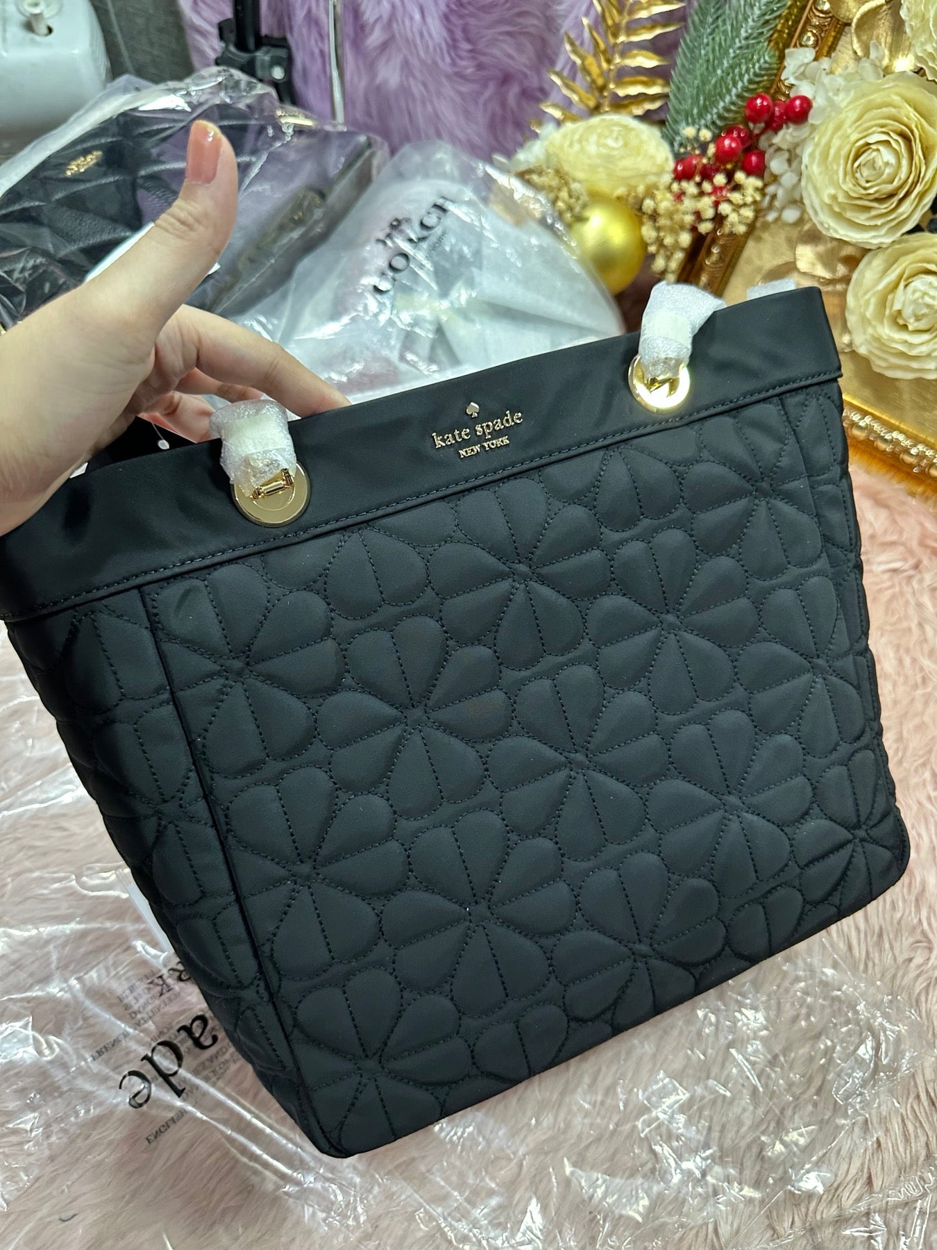 ORIG & IMPORTED KS Spade Flower Quilted Fabric Medium Tote Black Bag