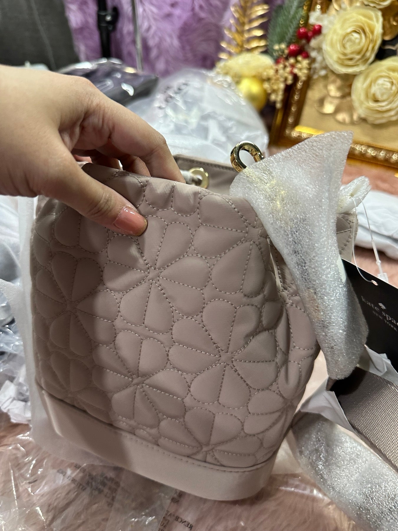 ORIG & IMPORTED KS Spade Flower Quilted Fabric Bucket Bag Pink Black