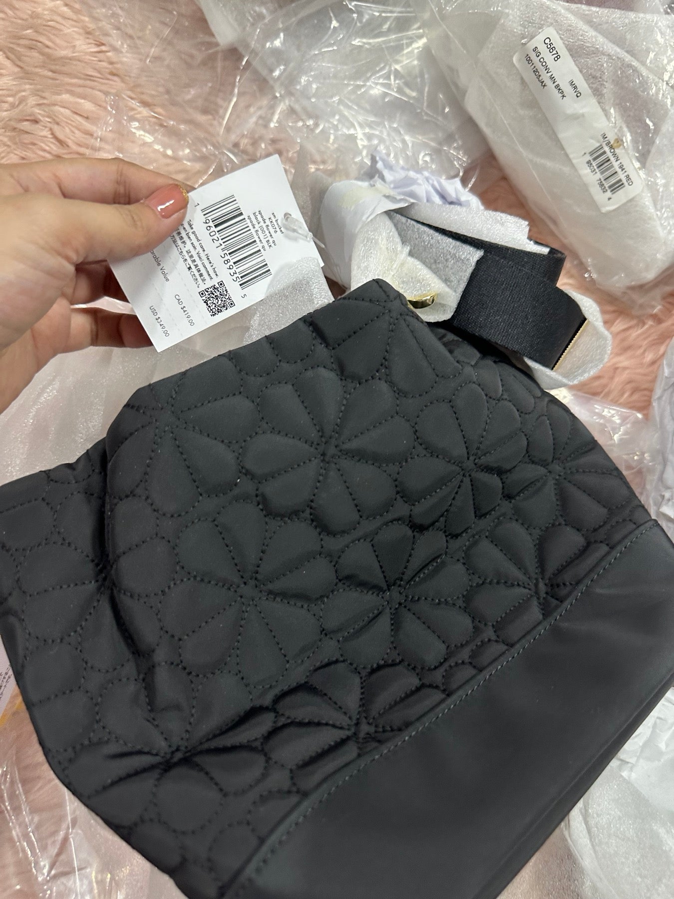 ORIG & IMPORTED KS Spade Flower Quilted Fabric Bucket Bag Pink Black