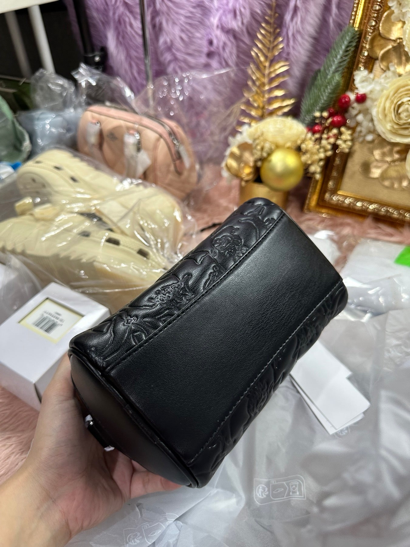ORIG & IMPORTED LACOSTE Mini Lora Leather Bag Embossed Black
