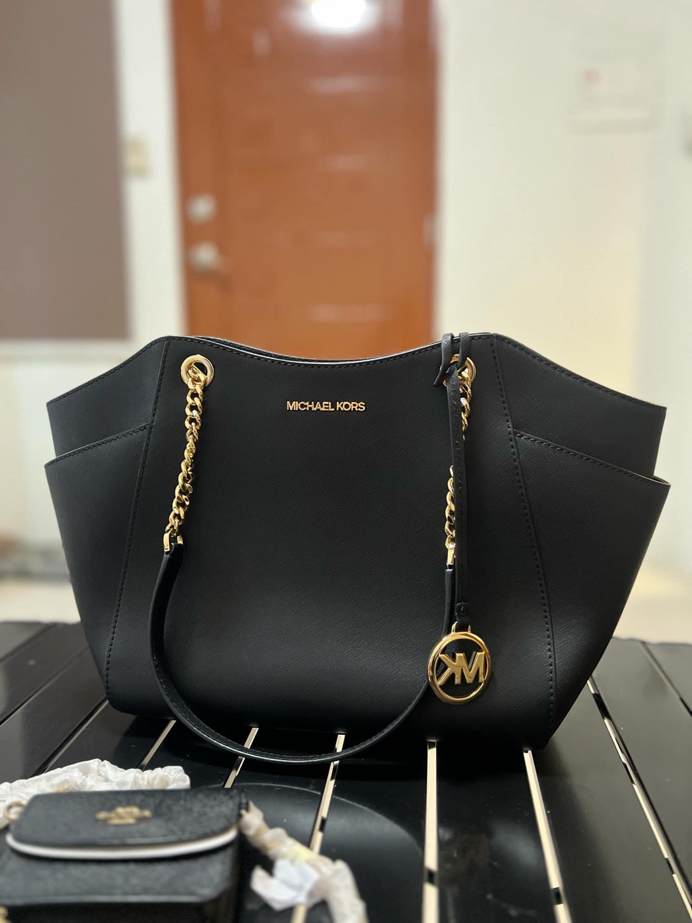 ORIG Preloved MK Jet Set Large Saffiano Leather Shoulder Bag Black