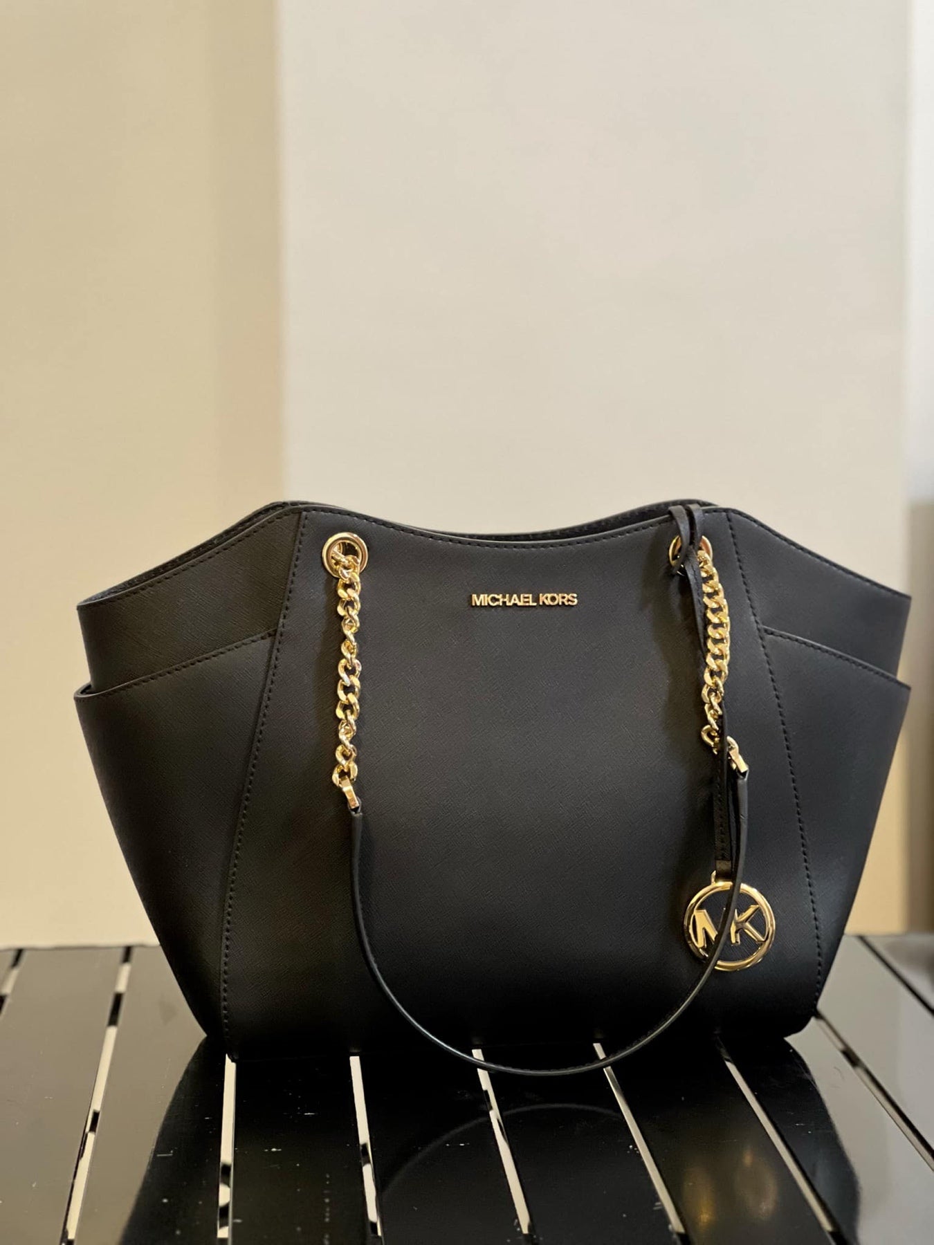 ORIG Preloved MK Jet Set Large Saffiano Leather Shoulder Bag Black