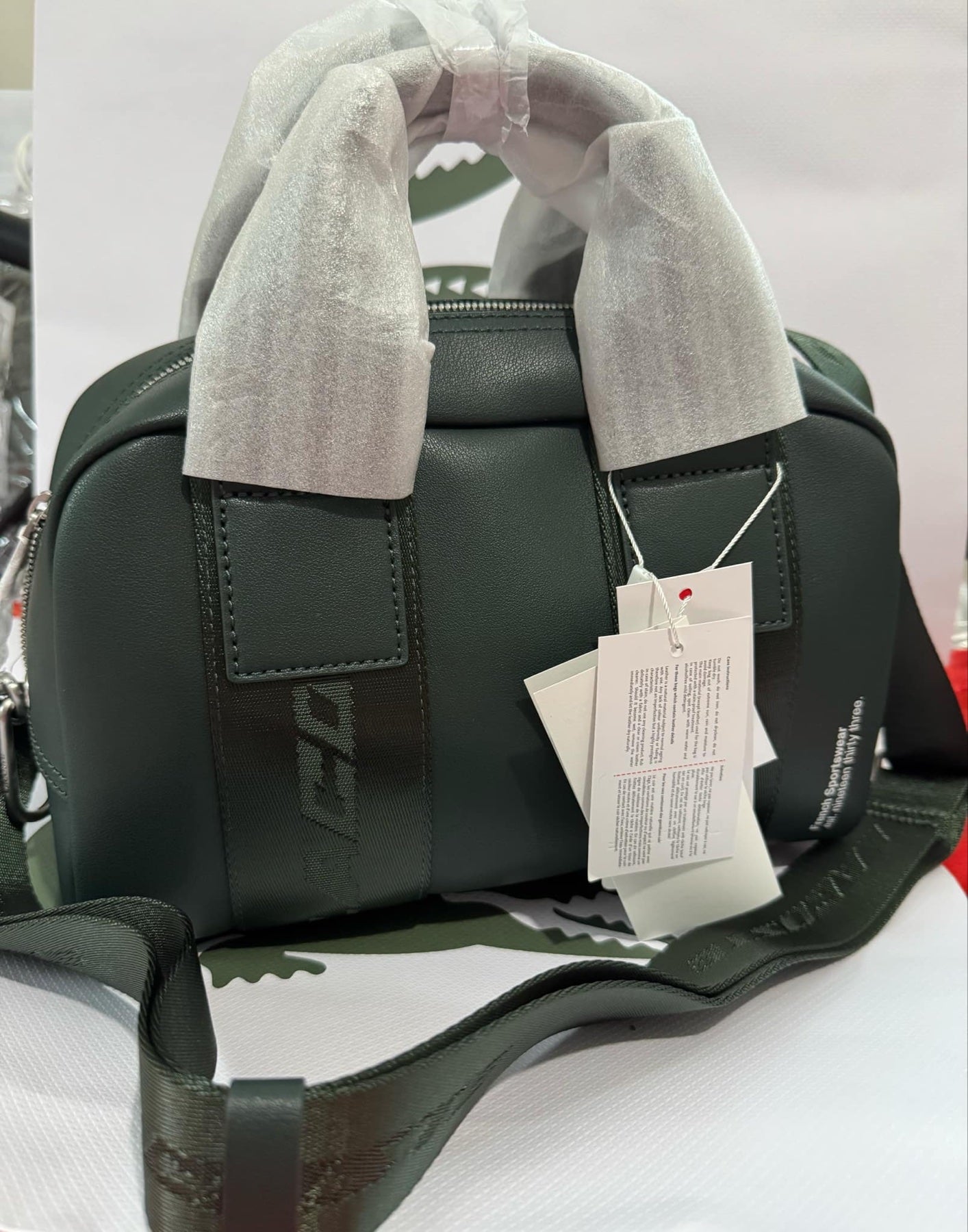 ORIG & IMPORTED Lacoste Unisex Contrast Inscriptions Gym Green Duffle Satchel Bag