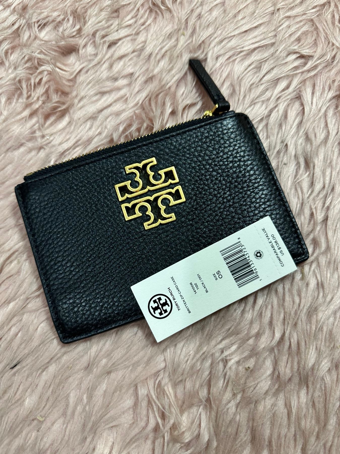 AUTHENTIC/ORIGINAL Preloved Tory Burch britten Zip Card Case holder Slim Black Wallet