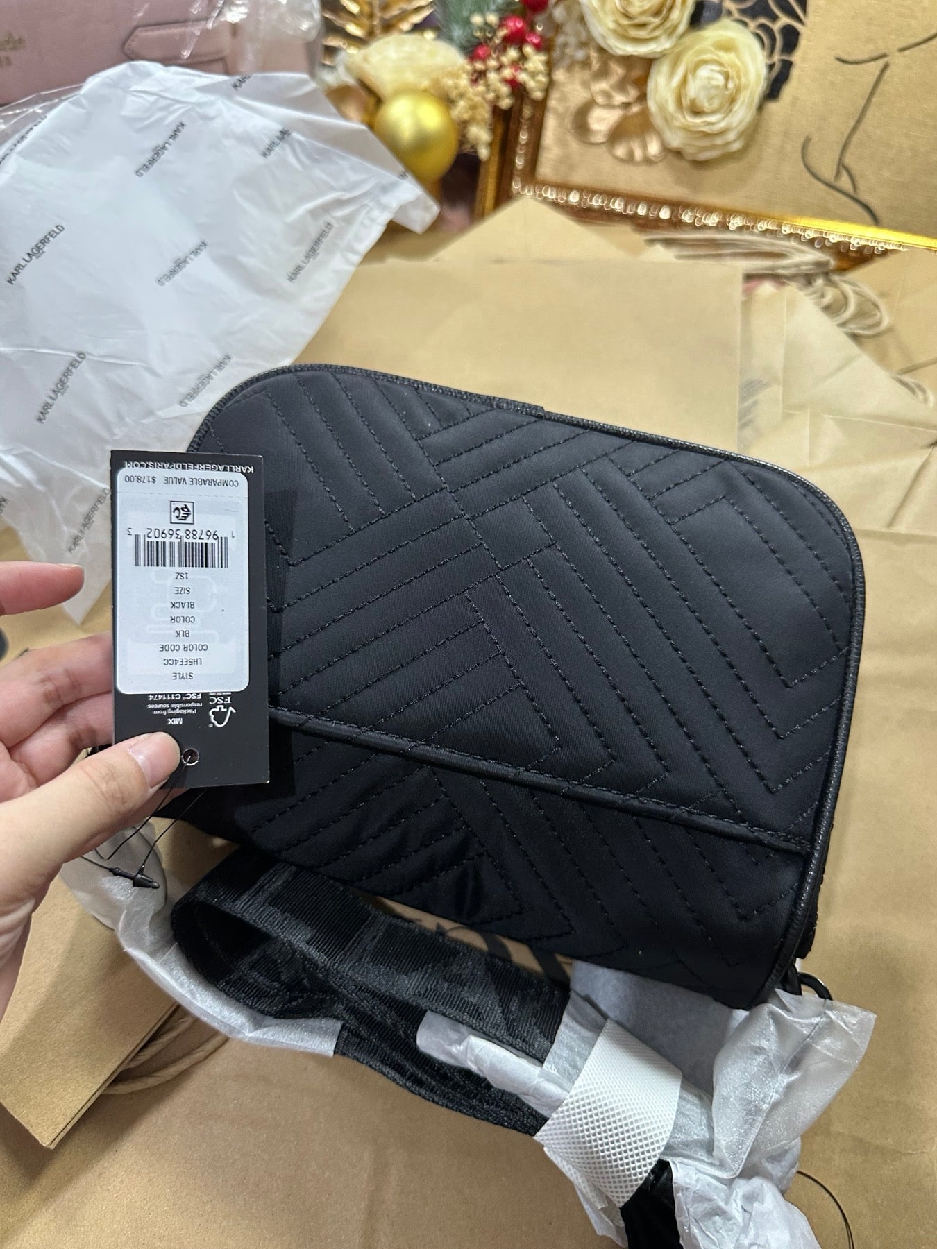 ORIG & IMPORTED Karl Lagerfeld KL Voyage Quilted Camera Black Bag with Pouch