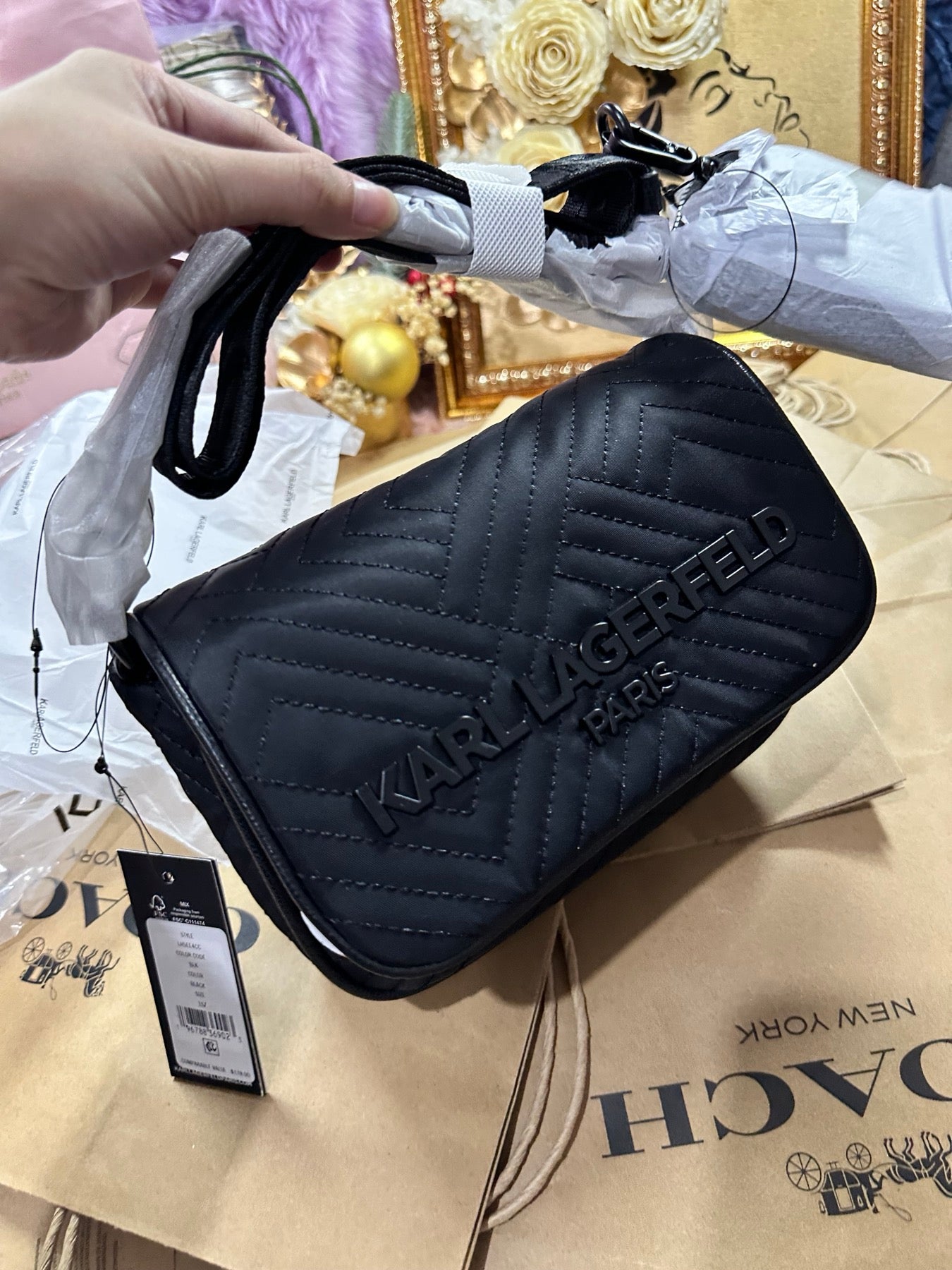 ORIG & IMPORTED Karl Lagerfeld KL Voyage Quilted Camera Black Bag with Pouch