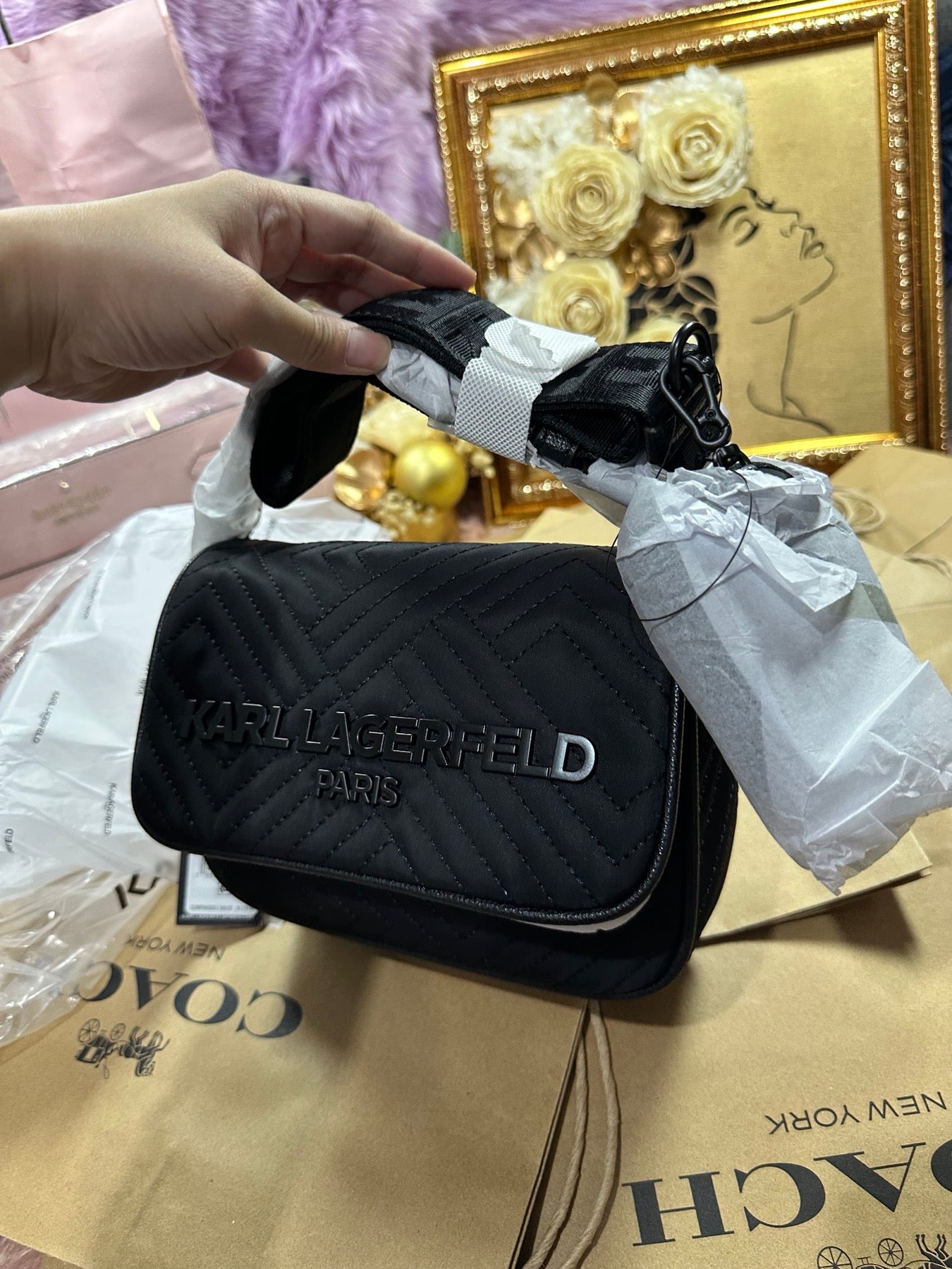 ORIG & IMPORTED Karl Lagerfeld KL Voyage Quilted Camera Black Bag with Pouch