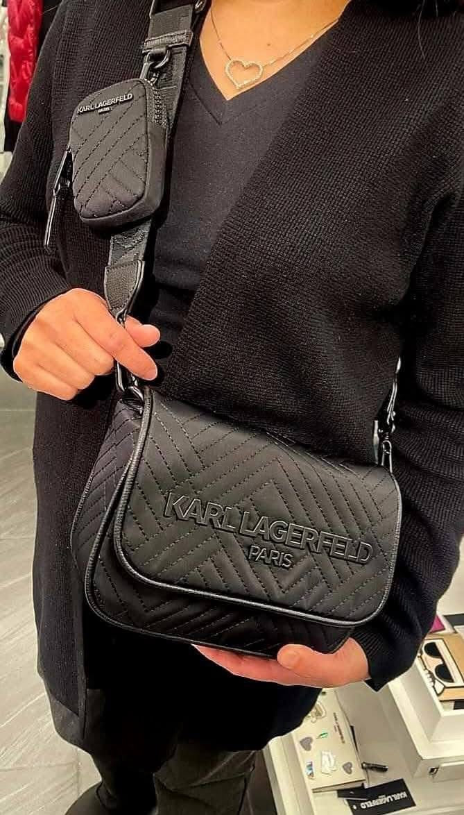 ORIG & IMPORTED Karl Lagerfeld KL Voyage Quilted Camera Black Bag with Pouch