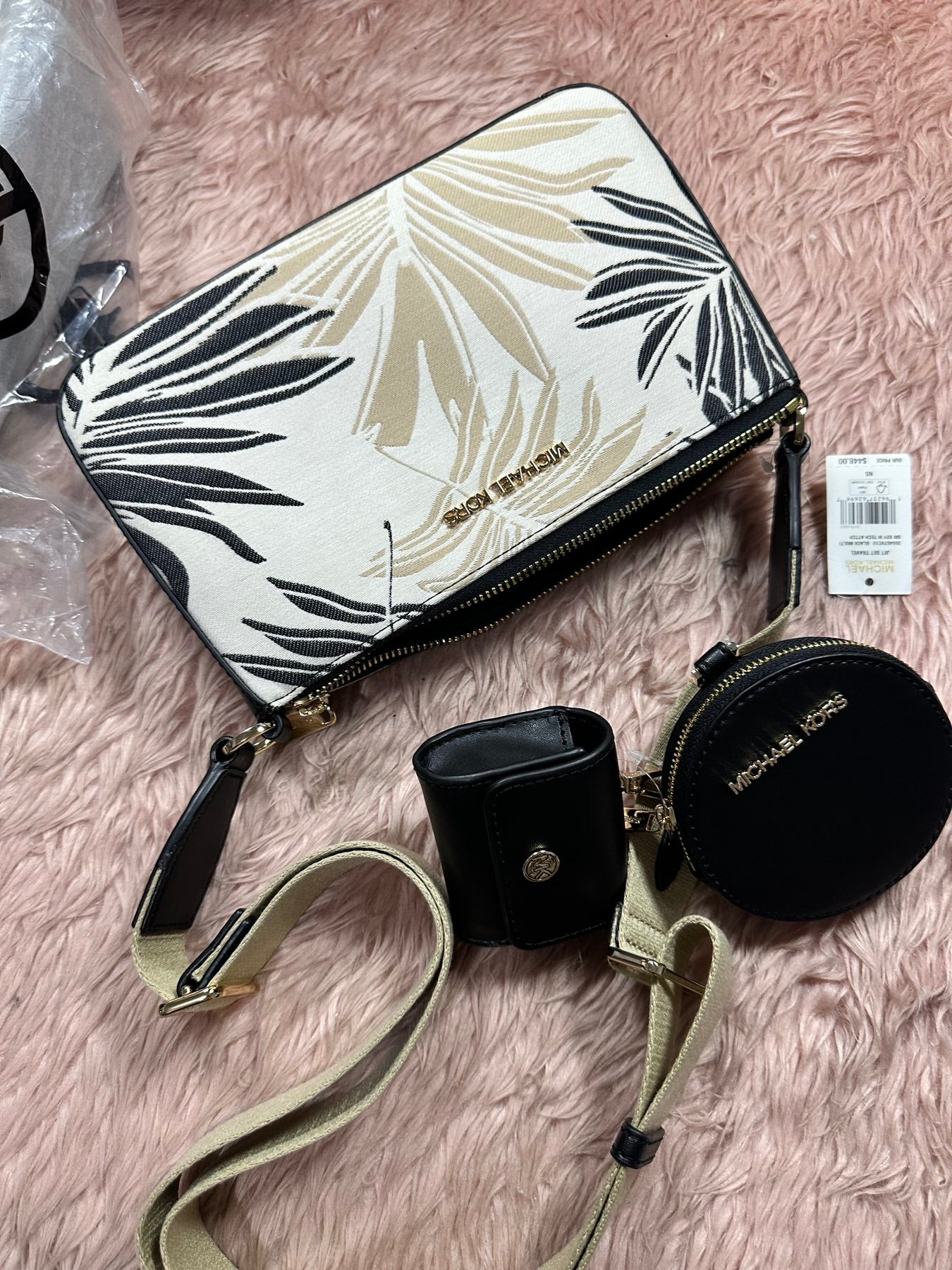 ORIG & IMPORTED MK Jet Set Crossbody Tech Accessories Attached Black Multi Palm Leaves