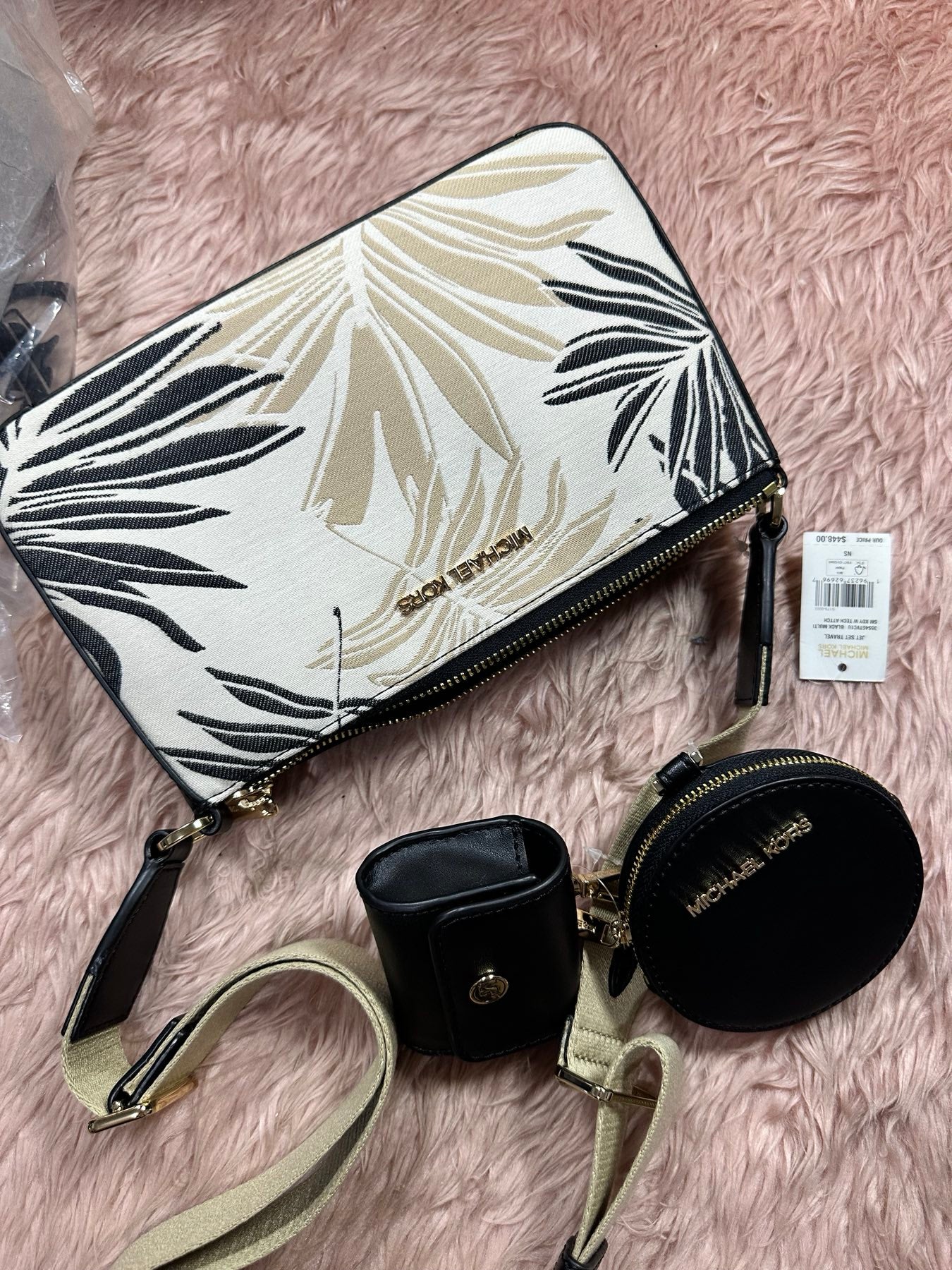 ORIG & IMPORTED MK Jet Set Crossbody Tech Accessories Attached Black Multi Palm Leaves