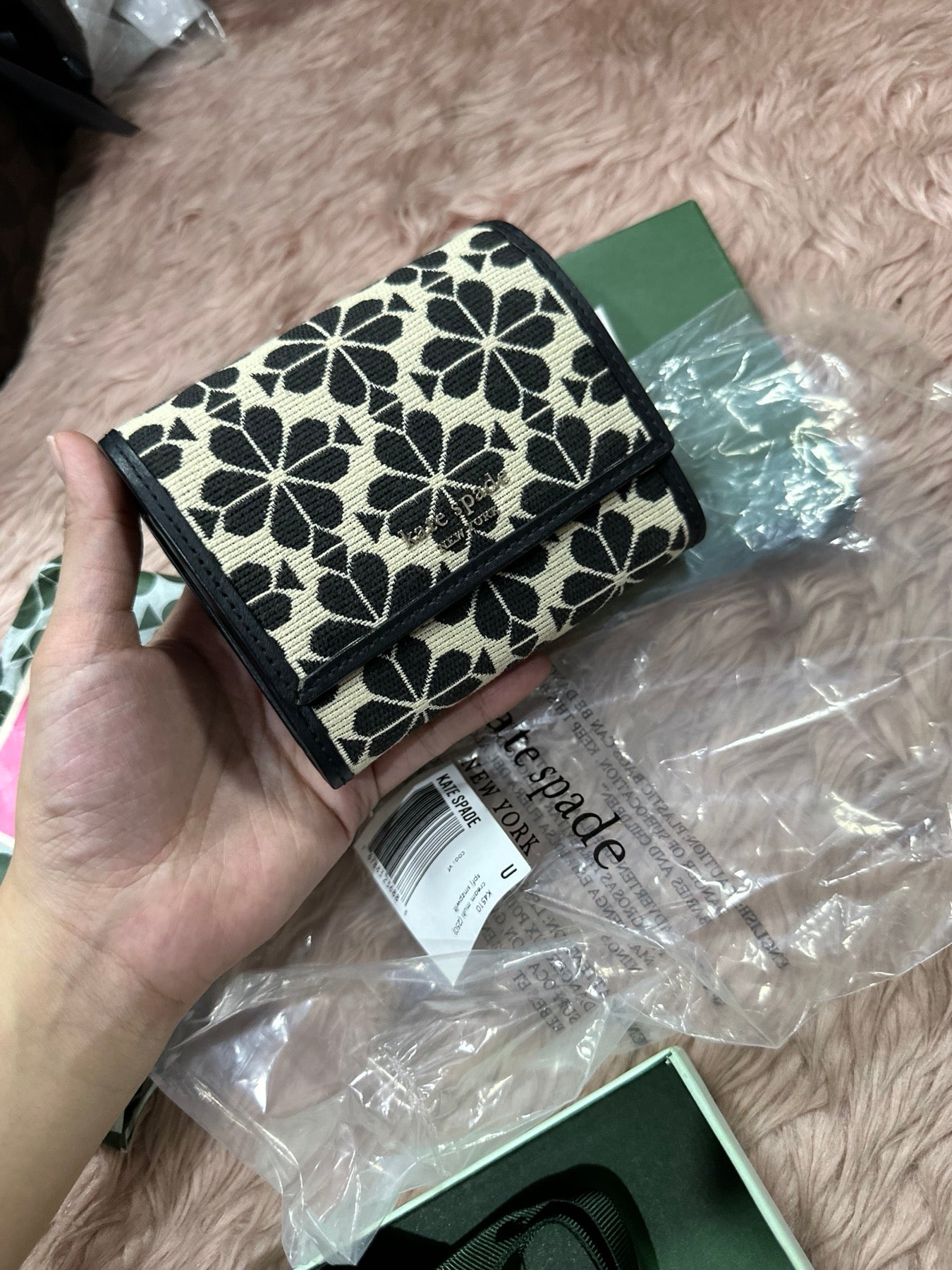 ORIG Preloved Kate Spade KS Spade flower jacquard small zip wallet bifold retail wallet