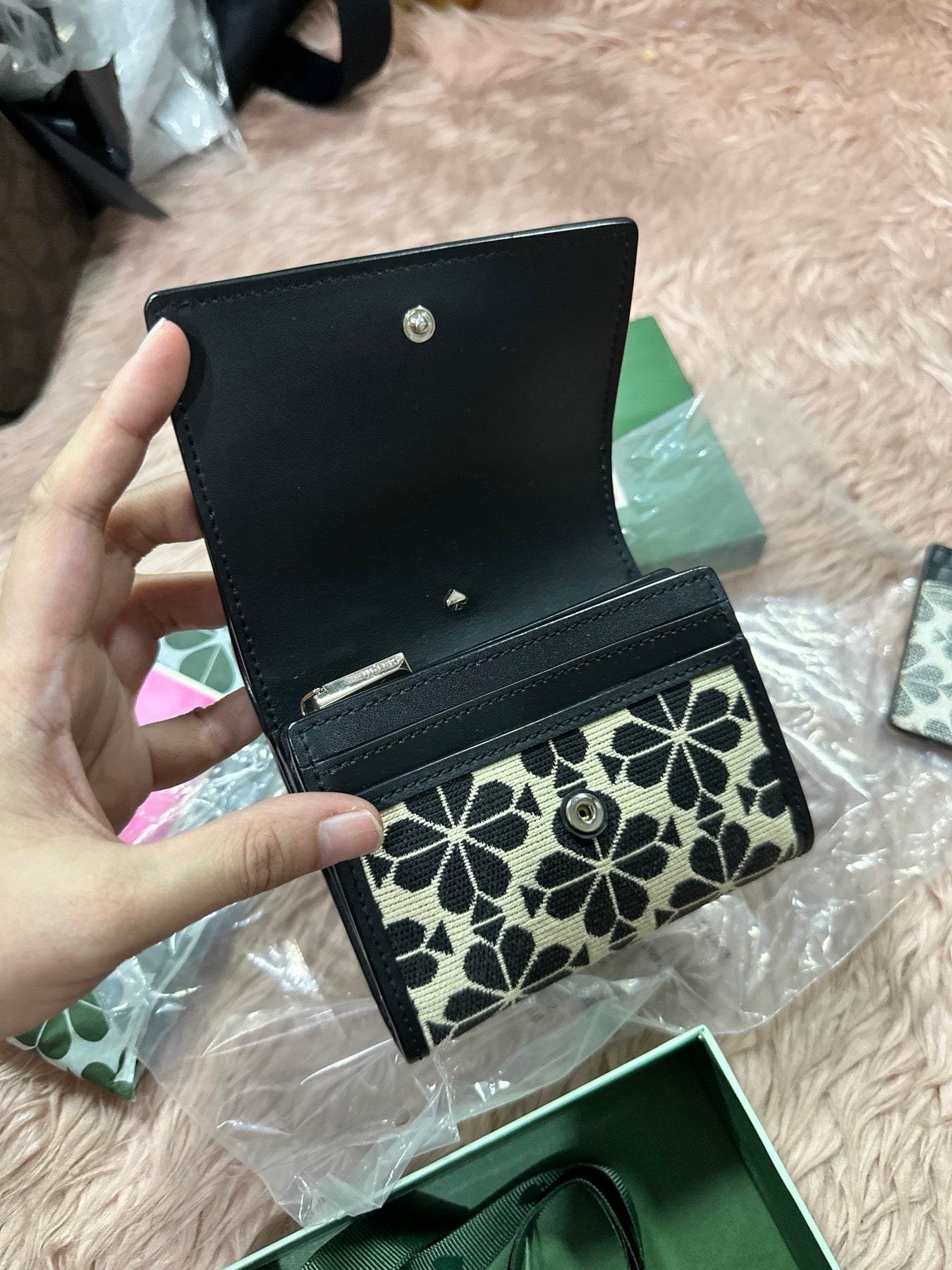 ORIG Preloved Kate Spade KS Spade flower jacquard small zip wallet bifold retail wallet