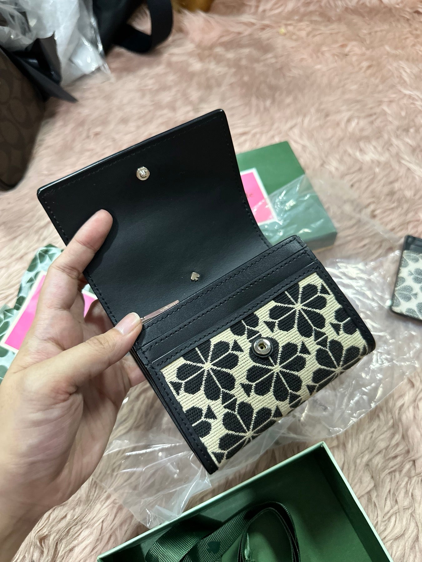ORIG Preloved Kate Spade KS Spade flower jacquard small zip wallet bifold retail wallet