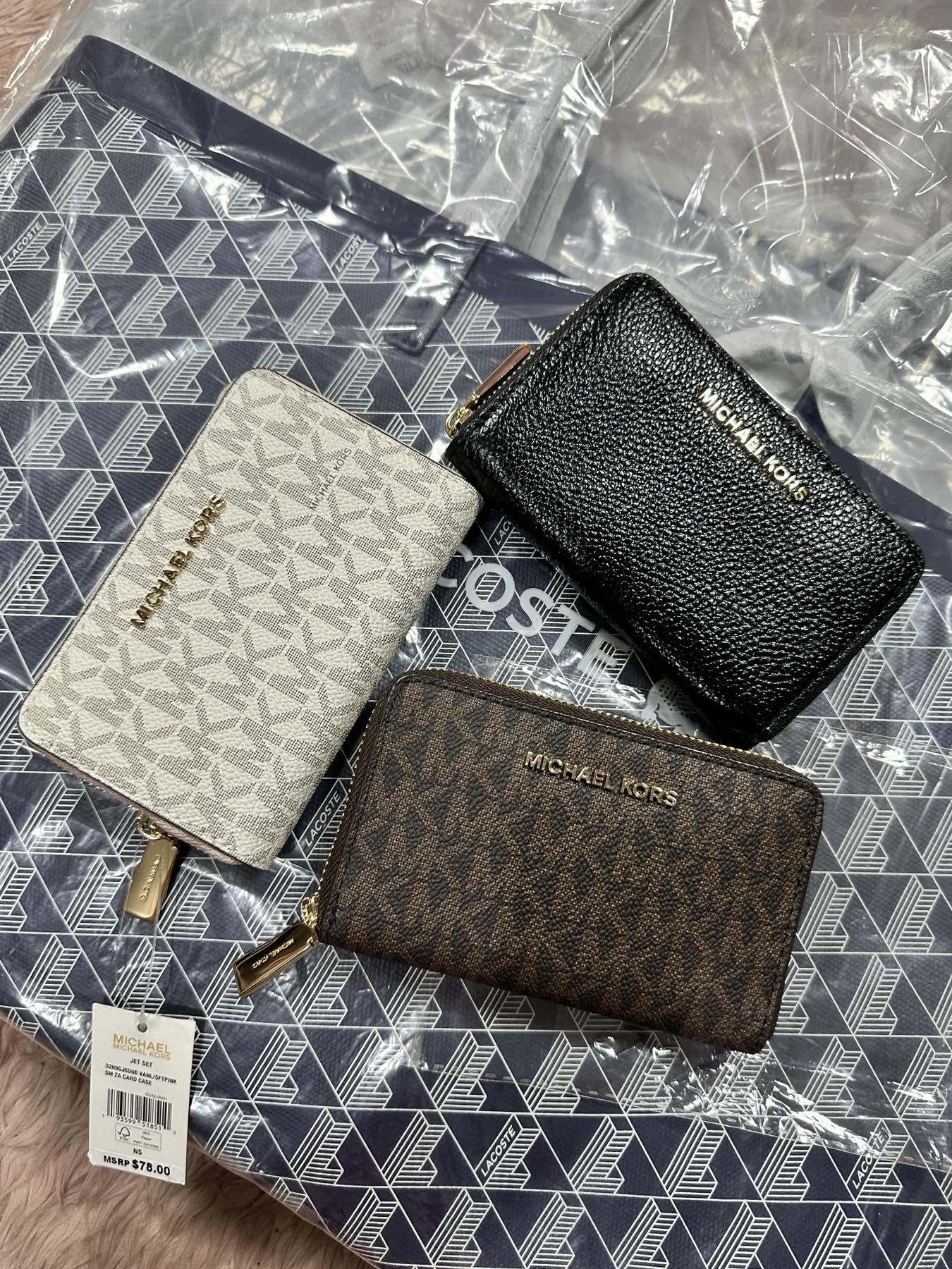 ORIG & IMPORTED MK Small Semi Lux Zip Around Card Case Wallet Brown/White/Black