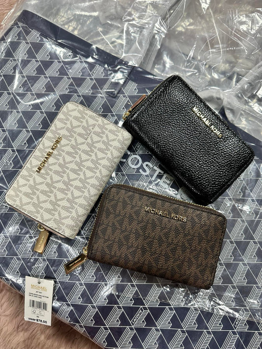 ORIG & IMPORTED MK Small Semi Lux Zip Around Card Case Wallet Brown/White/Black