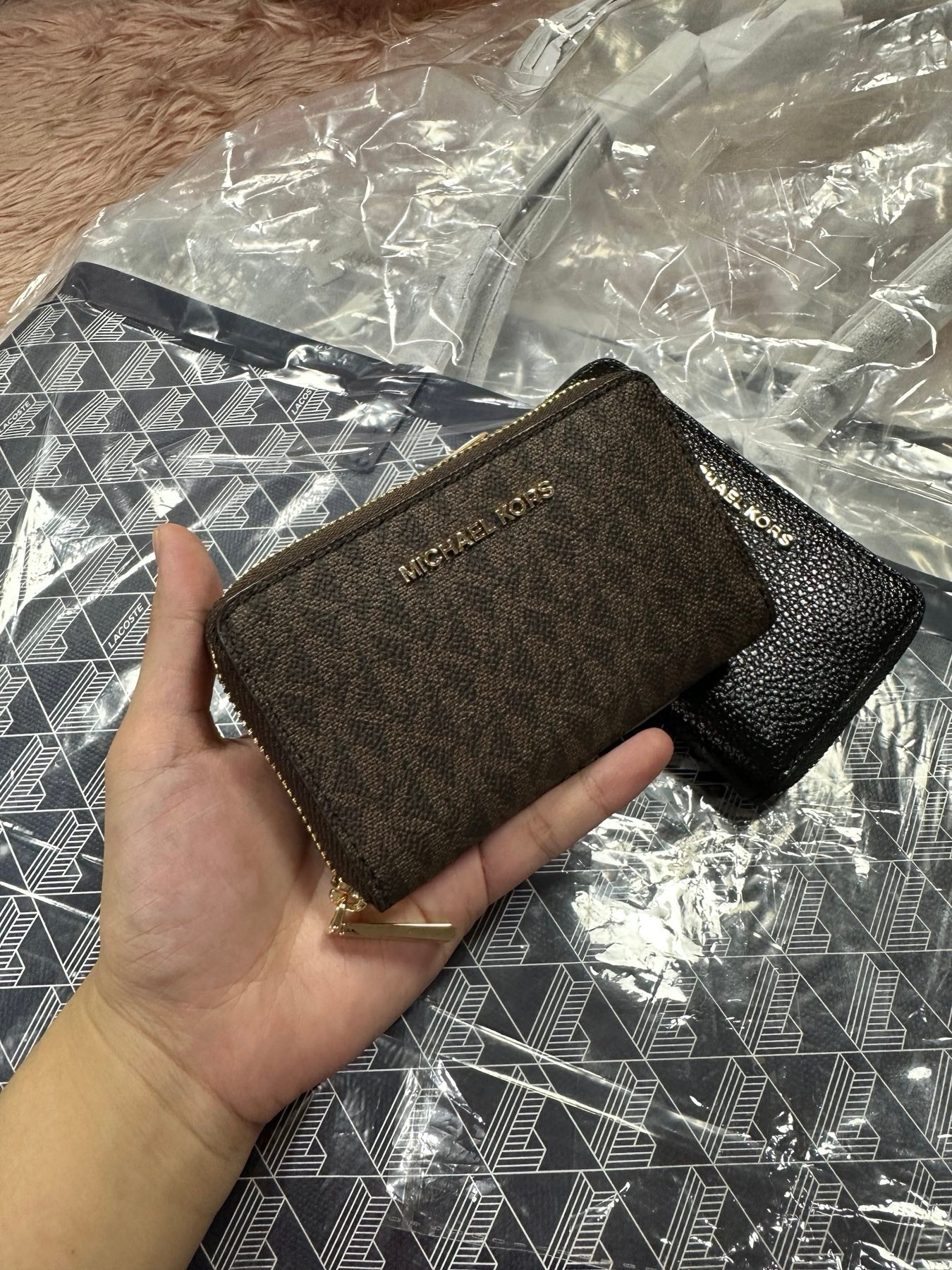 ORIG & IMPORTED MK Small Semi Lux Zip Around Card Case Wallet Brown/White/Black