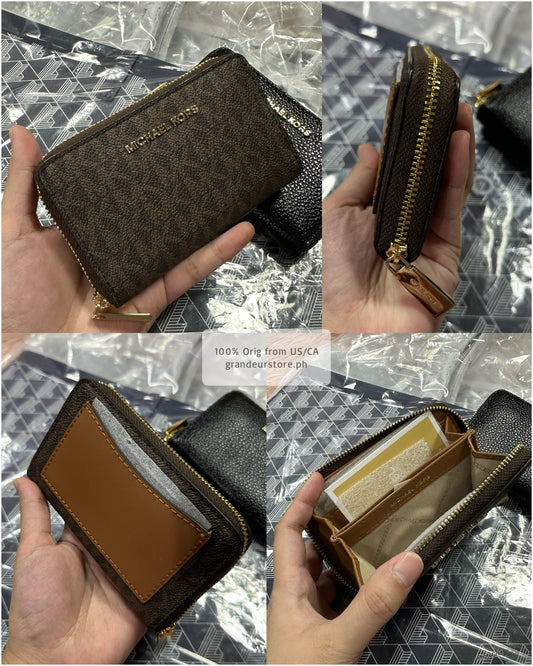 ORIG & IMPORTED MK Small Semi Lux Zip Around Card Case Wallet Brown/White/Black