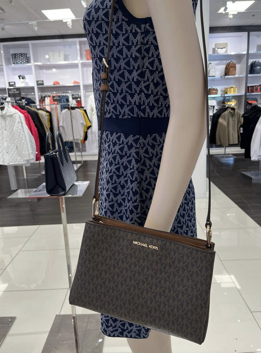 ORIG & IMPORTED MICHAEL KORS MK Trisha Medium Logo Crossbody Bag Double Zip Brown Bag