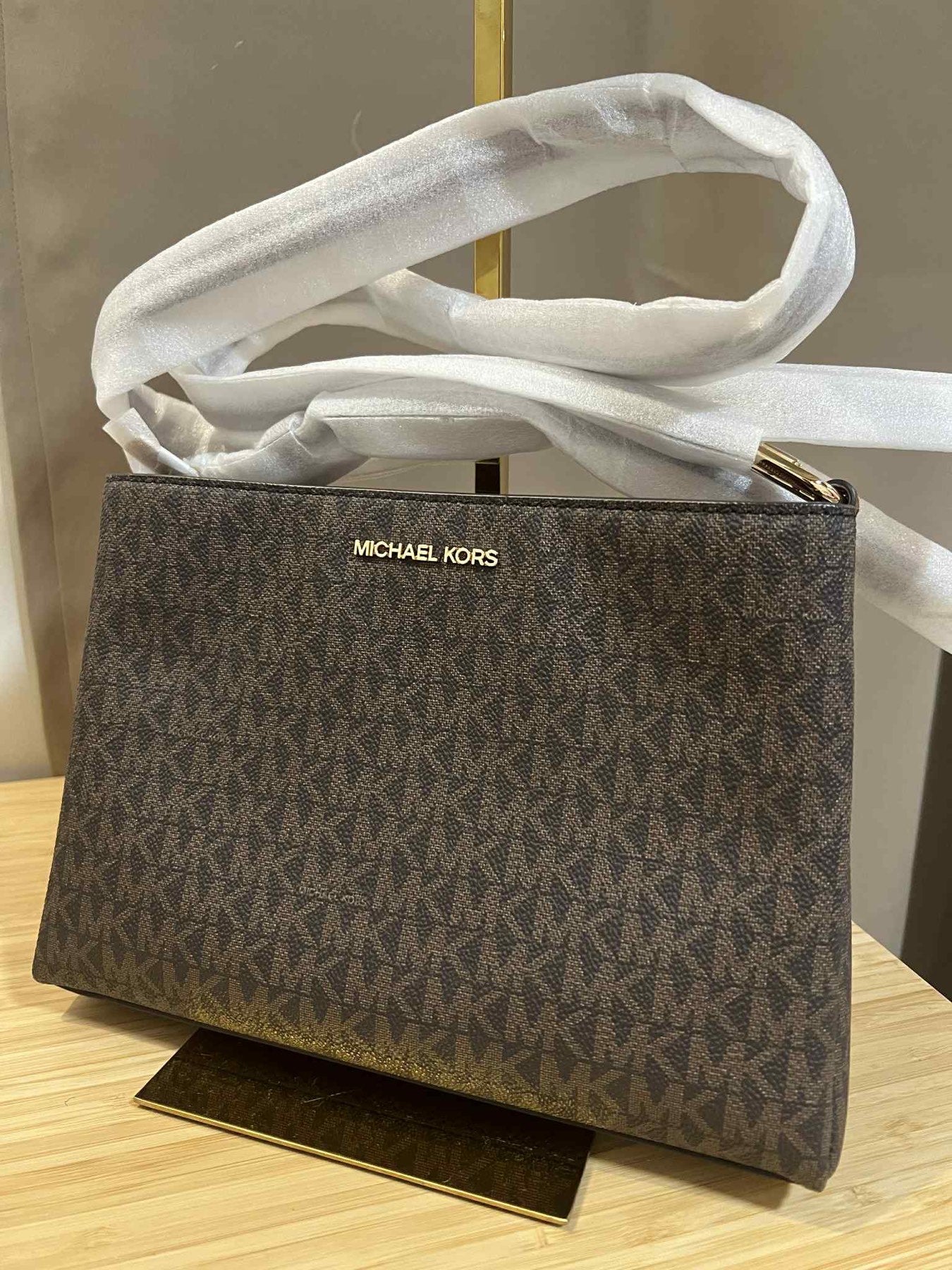 ORIG & IMPORTED MICHAEL KORS MK Trisha Medium Logo Crossbody Bag Double Zip Brown Bag