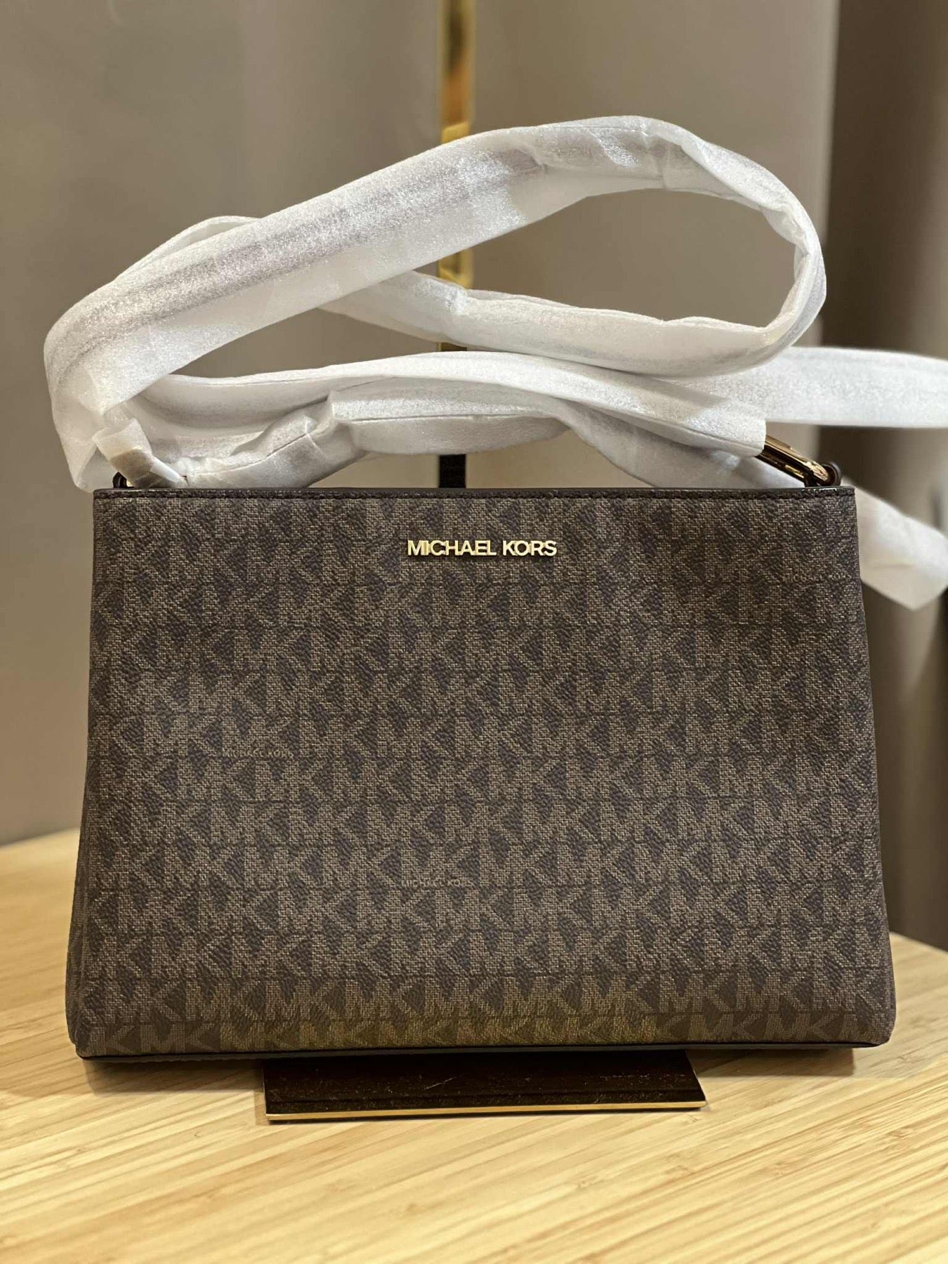 ORIG & IMPORTED MICHAEL KORS MK Trisha Medium Logo Crossbody Bag Double Zip Brown Bag