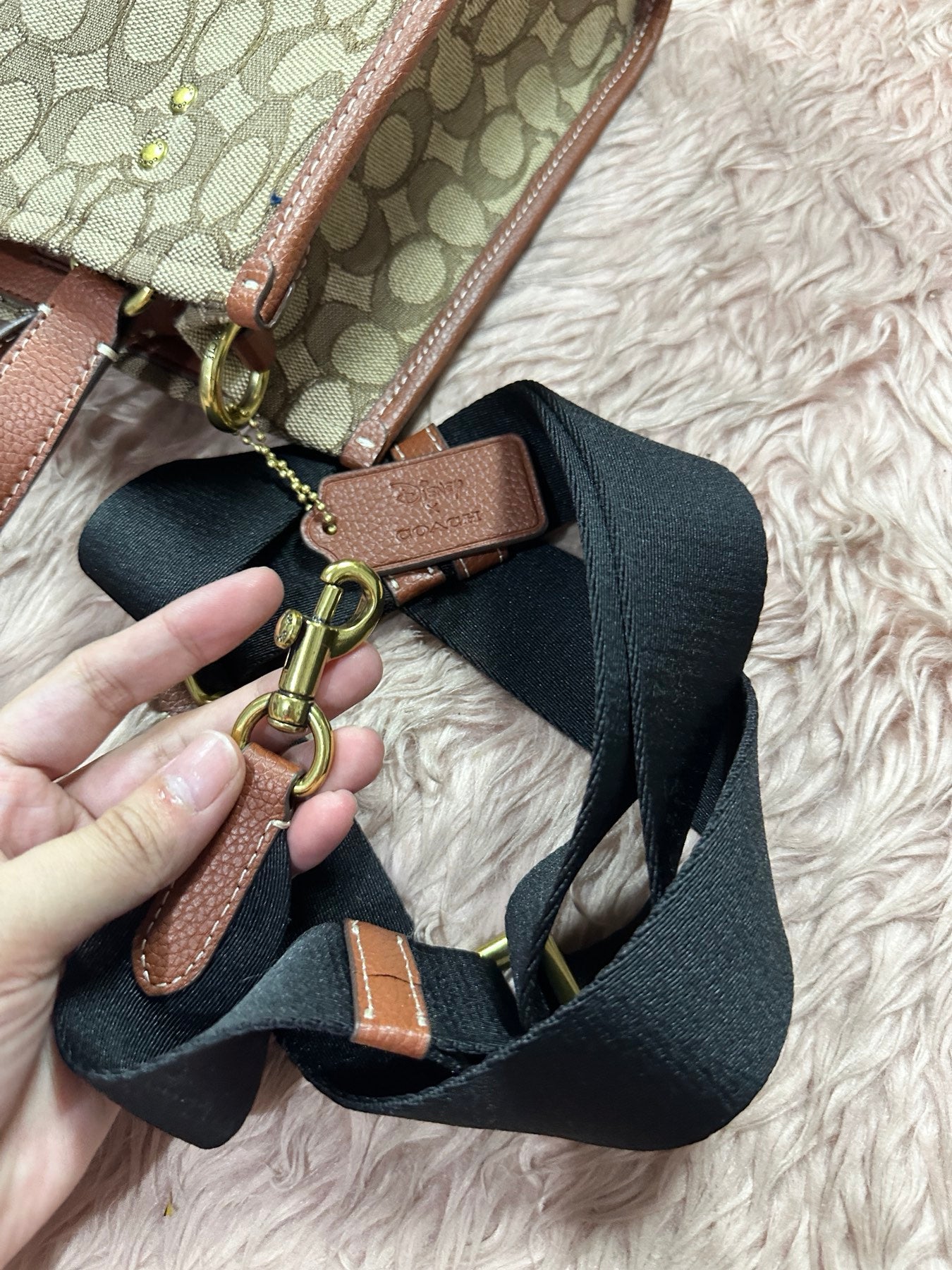 ORIG Preloved Disney X Coach Dempsey Tote 22 Brown Bag In Signature Jacquard With Mickey Mouse