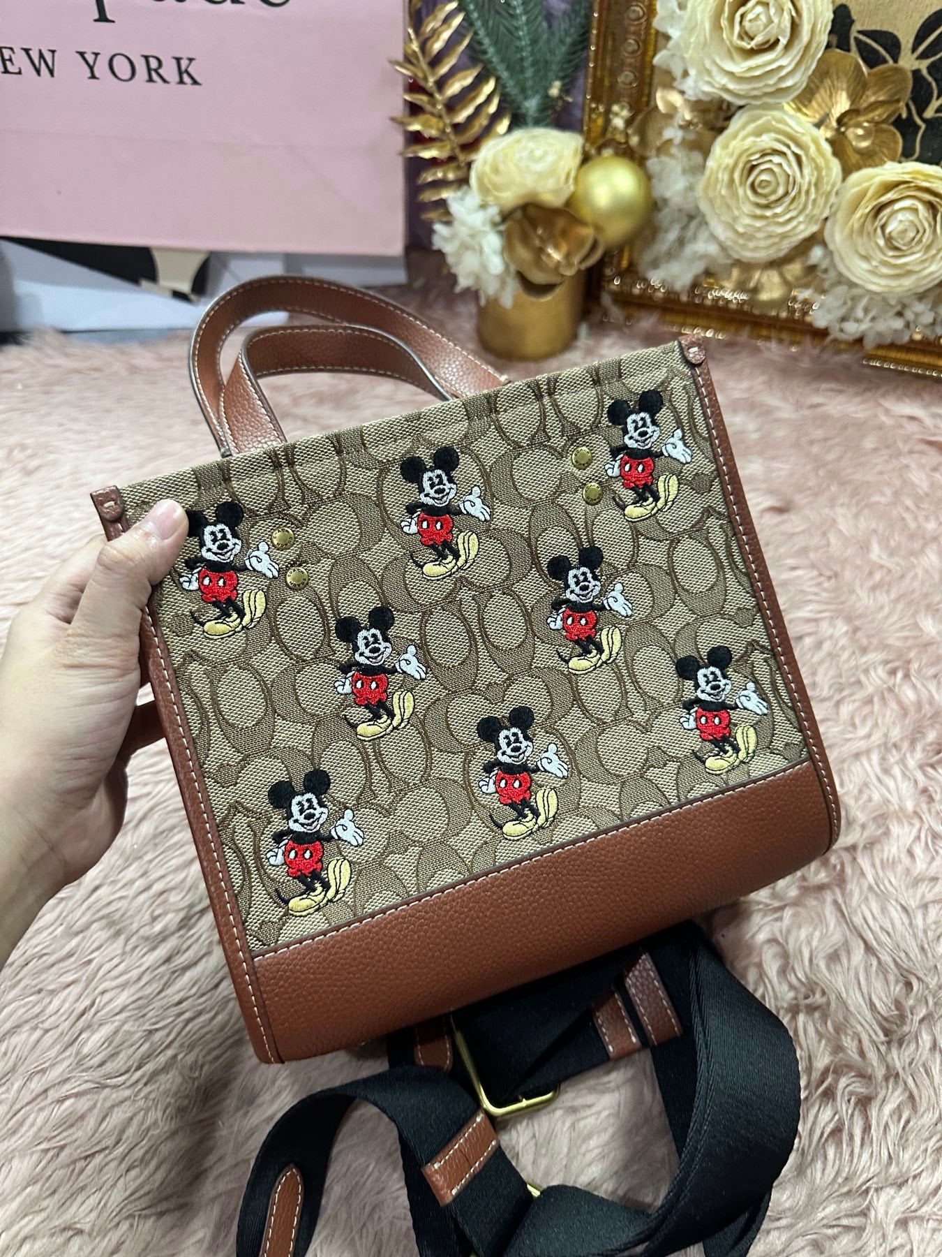 ORIG Preloved Disney X Coach Dempsey Tote 22 Brown Bag In Signature Jacquard With Mickey Mouse