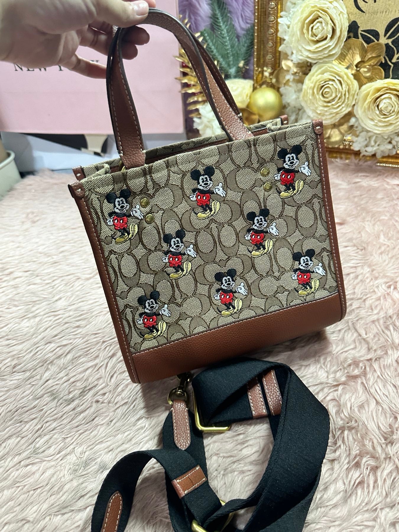 ORIG Preloved Disney X Coach Dempsey Tote 22 Brown Bag In Signature Jacquard With Mickey Mouse