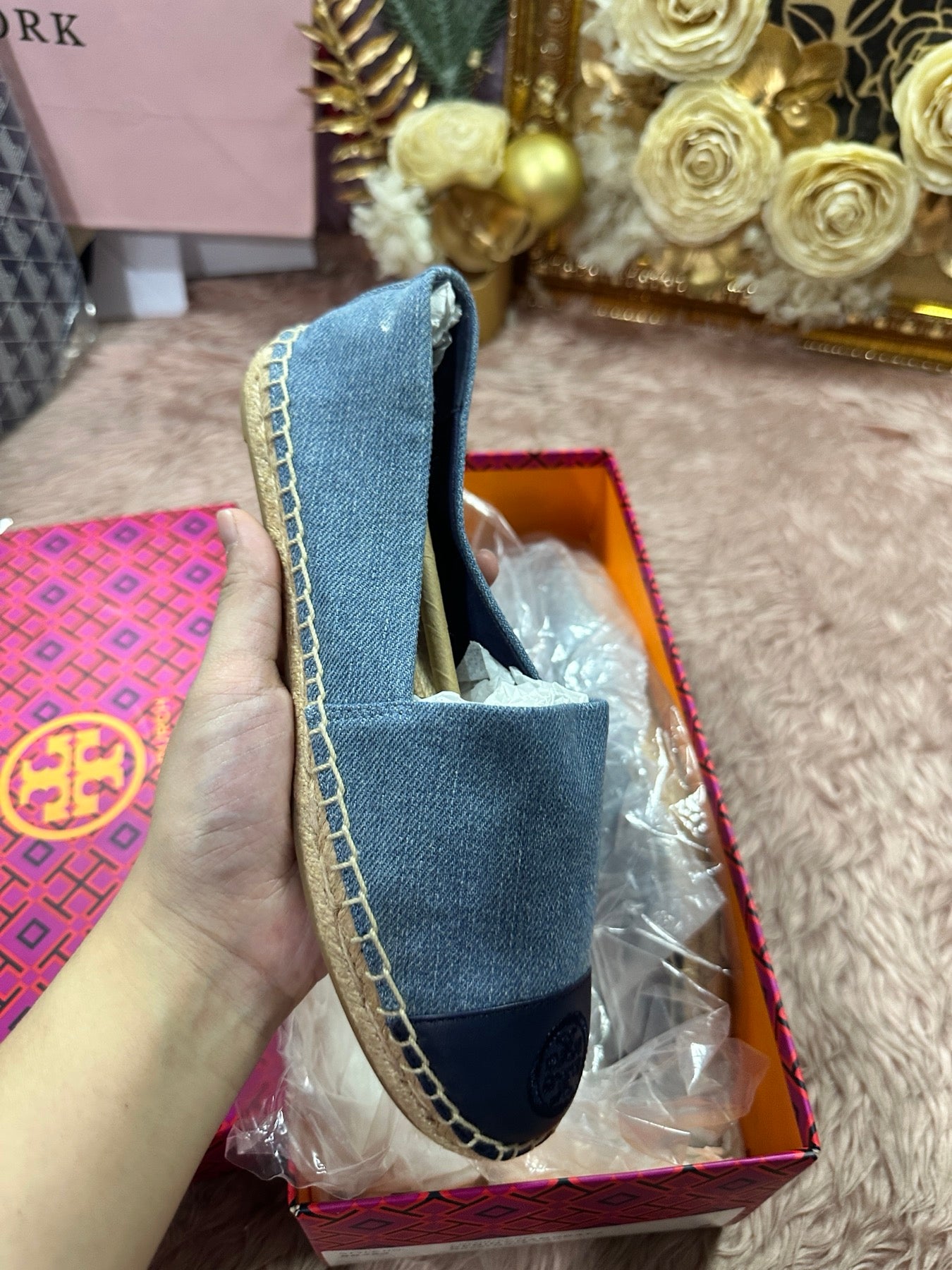 ORIG & IMPORTED Tory Burch Denim Chambray Blue Flat Espadrille Shoe