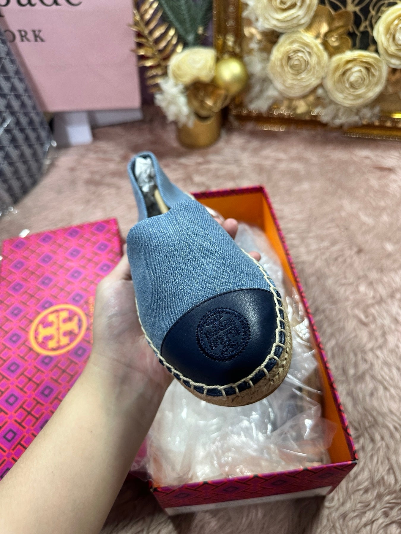 ORIG & IMPORTED Tory Burch Denim Chambray Blue Flat Espadrille Shoe
