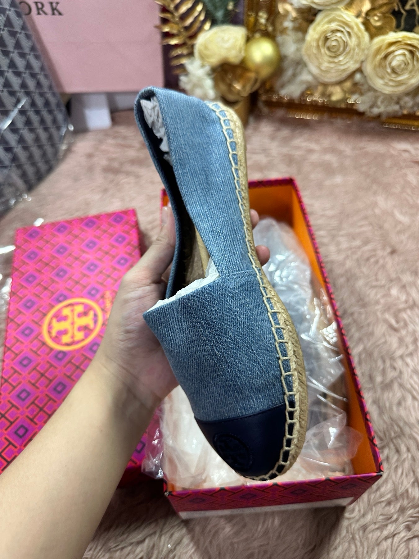 ORIG & IMPORTED Tory Burch Denim Chambray Blue Flat Espadrille Shoe