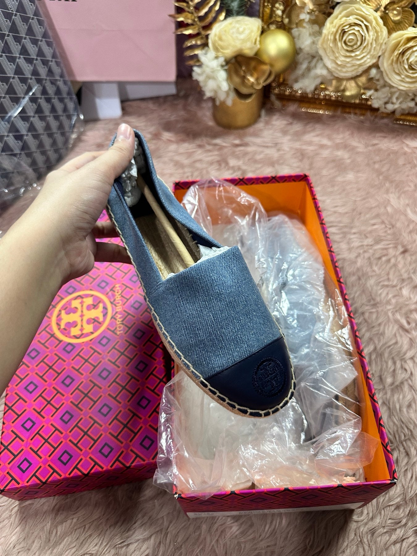 ORIG & IMPORTED Tory Burch Denim Chambray Blue Flat Espadrille Shoe