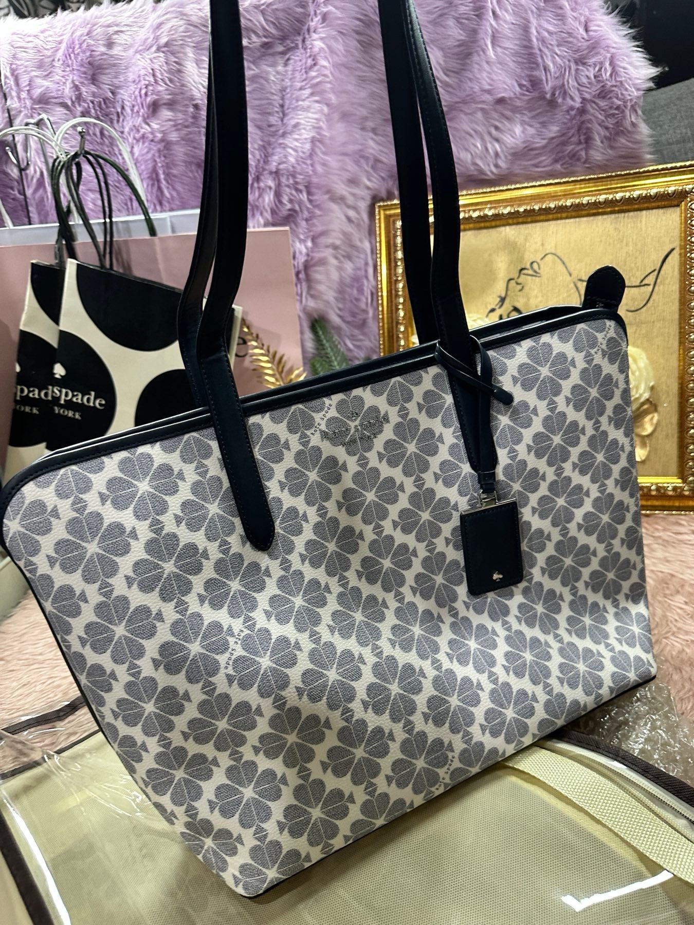 ORIG Preloved KATE SPADE KS Signature Spade Flower Large Tote Black Bag