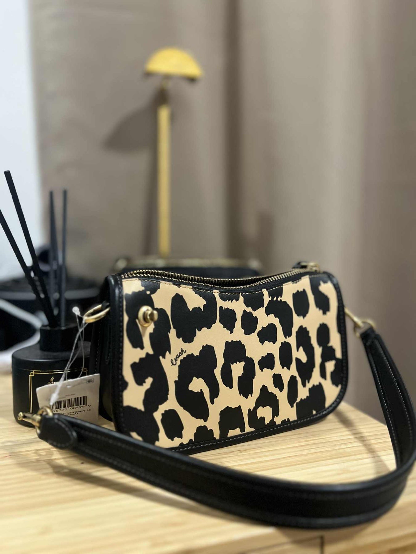 ORIG & IMPORTED COACH Retail Leopard Printed Mini Leather Bag Swinger 20 Black/Beige