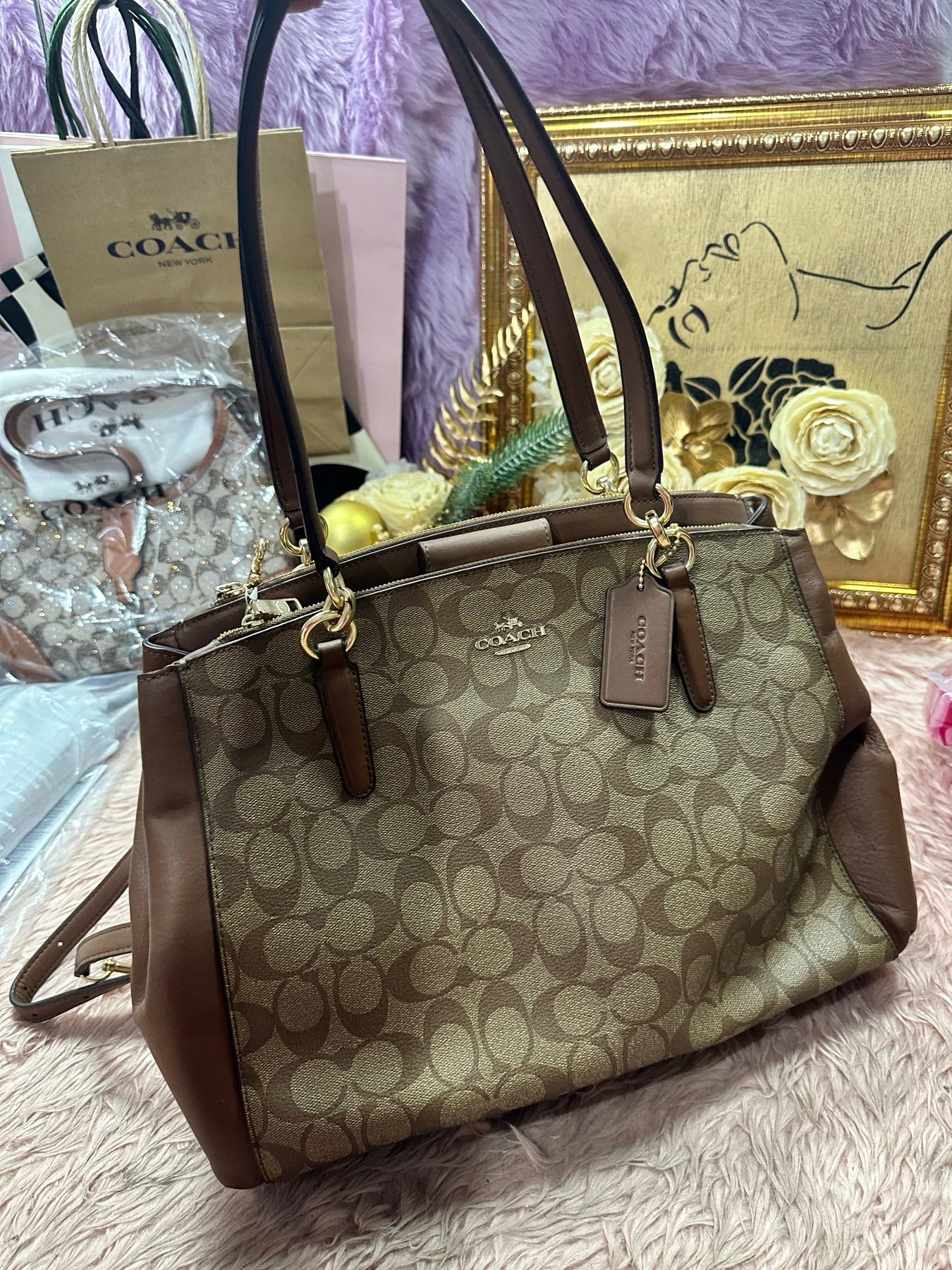 ORIG Preloved COACH CHRISTIE CARRYALL KHAKI LARGE TOTE SATCHEL BROWN BAG