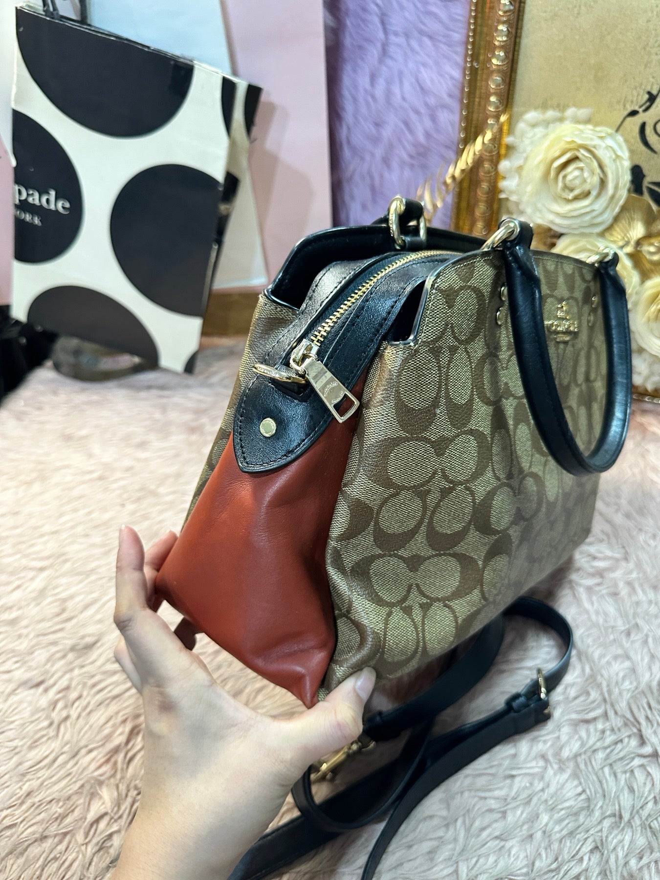 ORIG Preloved COACH Lillie Carryall In Colorblock Signature Canvas Brown Satchel Bag