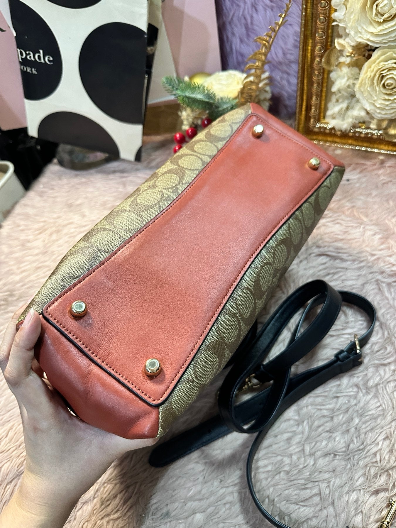 ORIG Preloved COACH Lillie Carryall In Colorblock Signature Canvas Brown Satchel Bag