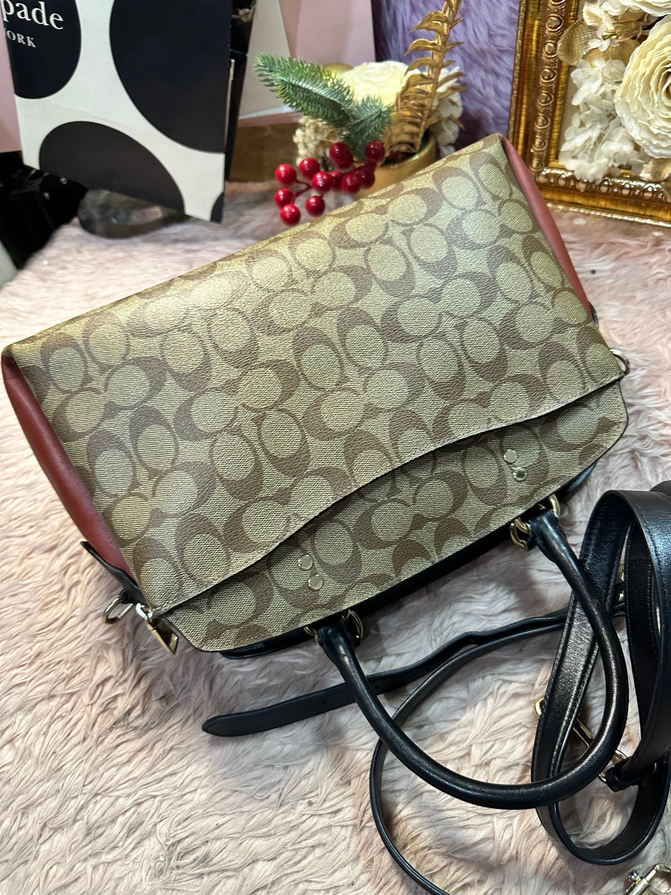 ORIG Preloved COACH Lillie Carryall In Colorblock Signature Canvas Brown Satchel Bag