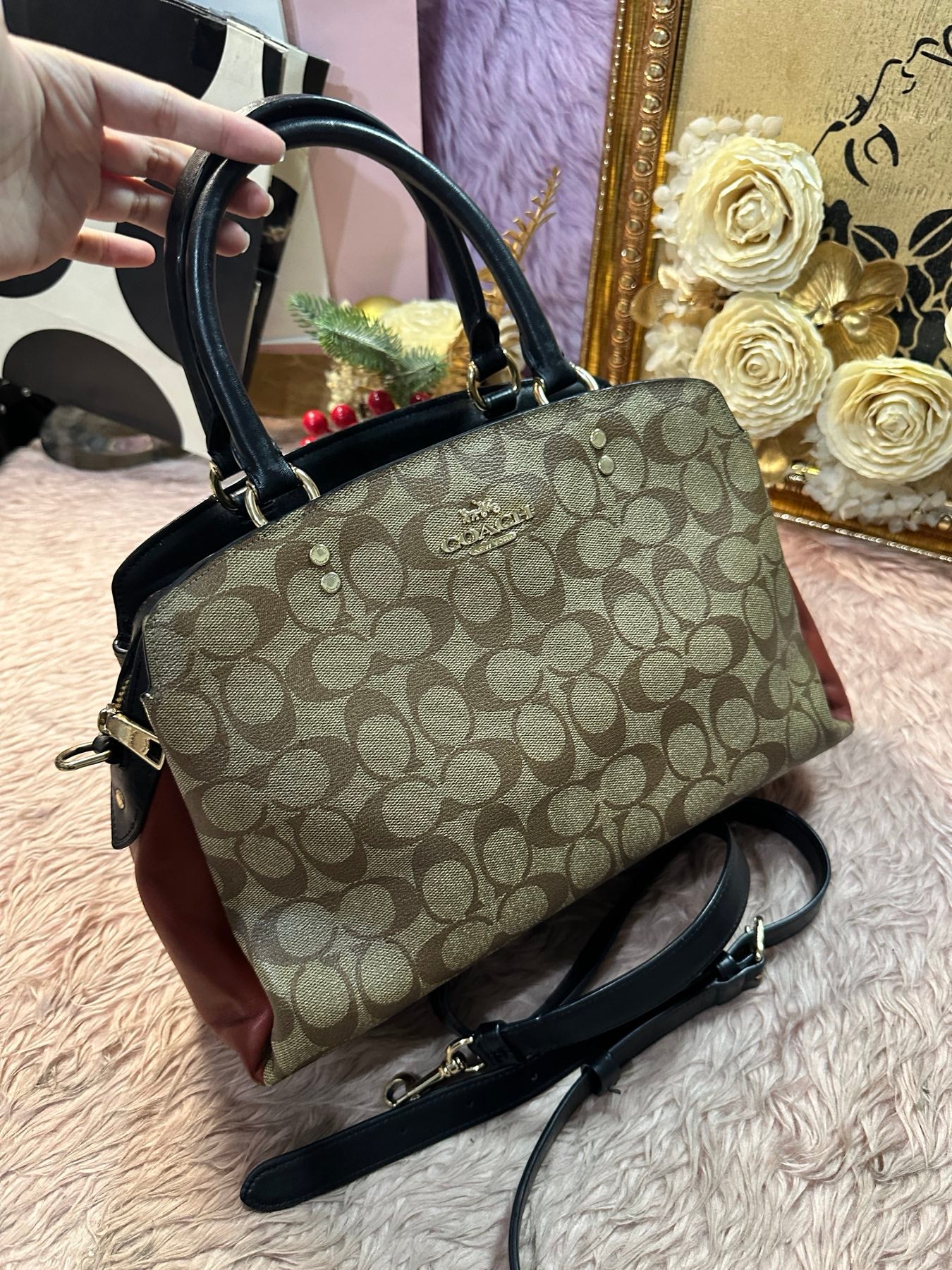 ORIG Preloved COACH Lillie Carryall In Colorblock Signature Canvas Brown Satchel Bag