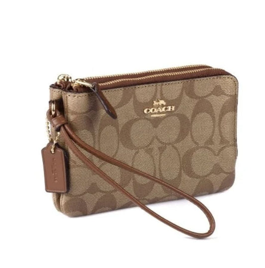 ORIG & IMPORTED COACH Khaki Saddle Brown Medium Double Zip Wristlet Wallet